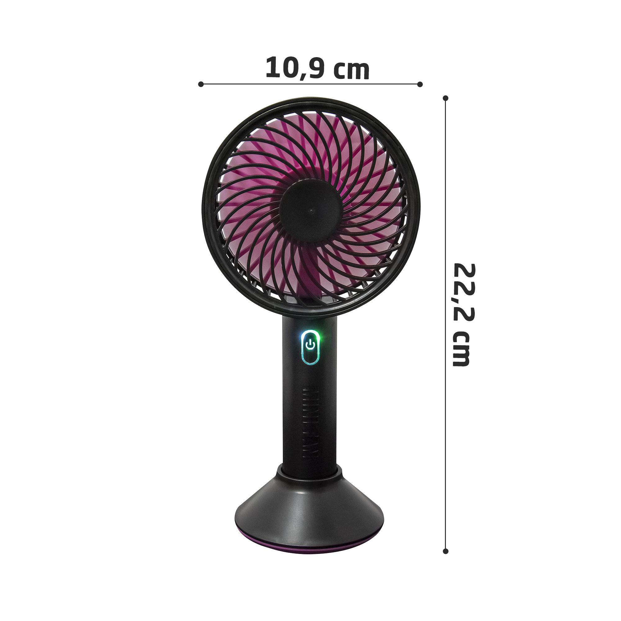 Ein schwarzer tragbarer Ventilator mit einem pinkfarbenen Innenventilator. Abmessungen: 10,9 x 22,2 cm.