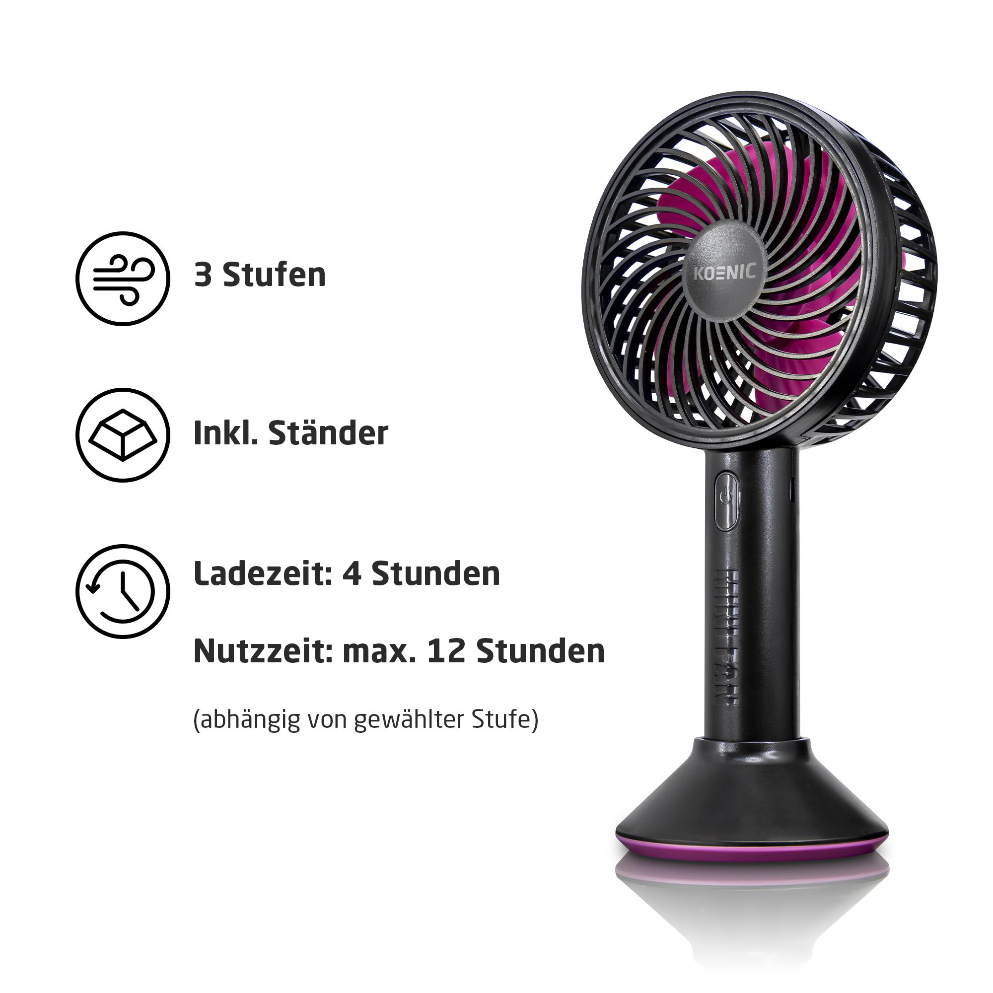 Schwarzer und lila tragbarer Ventilator mit Details zu Geschwindigkeit, Ladezeit und Dauer.