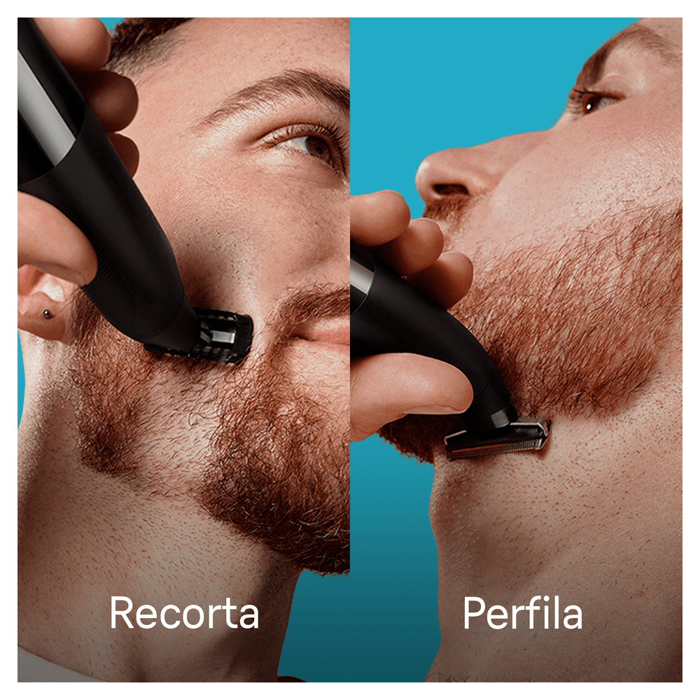 Dos hombres demuestran cómo recortar la barba con un recortador Philips Norelco.
