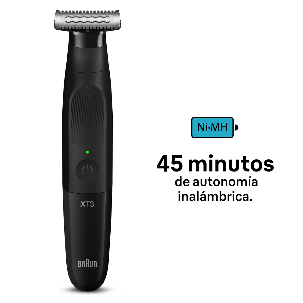 Recortadora Braun negra con botón verde y texto: "45 minutos de autonomía inalámbrica".