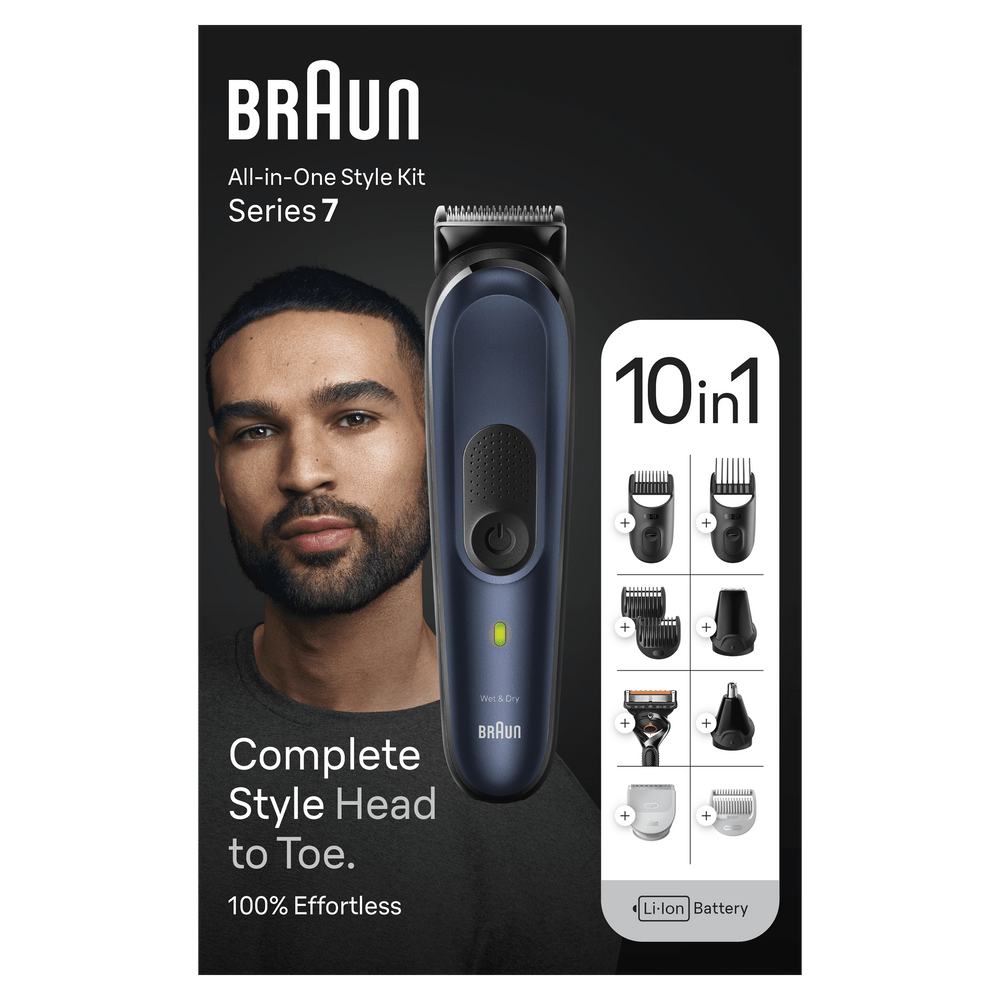 Caja del kit de estilo todo en uno Braun Series 7 con rostro de hombre y accesorios.