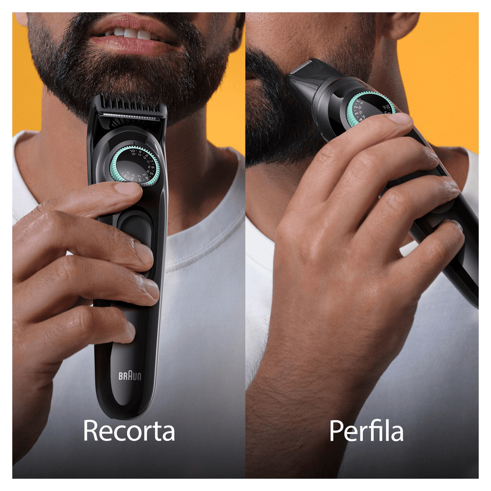 Hombre recortando barba con recortadora, mostrando opciones de corte y perfilado.
