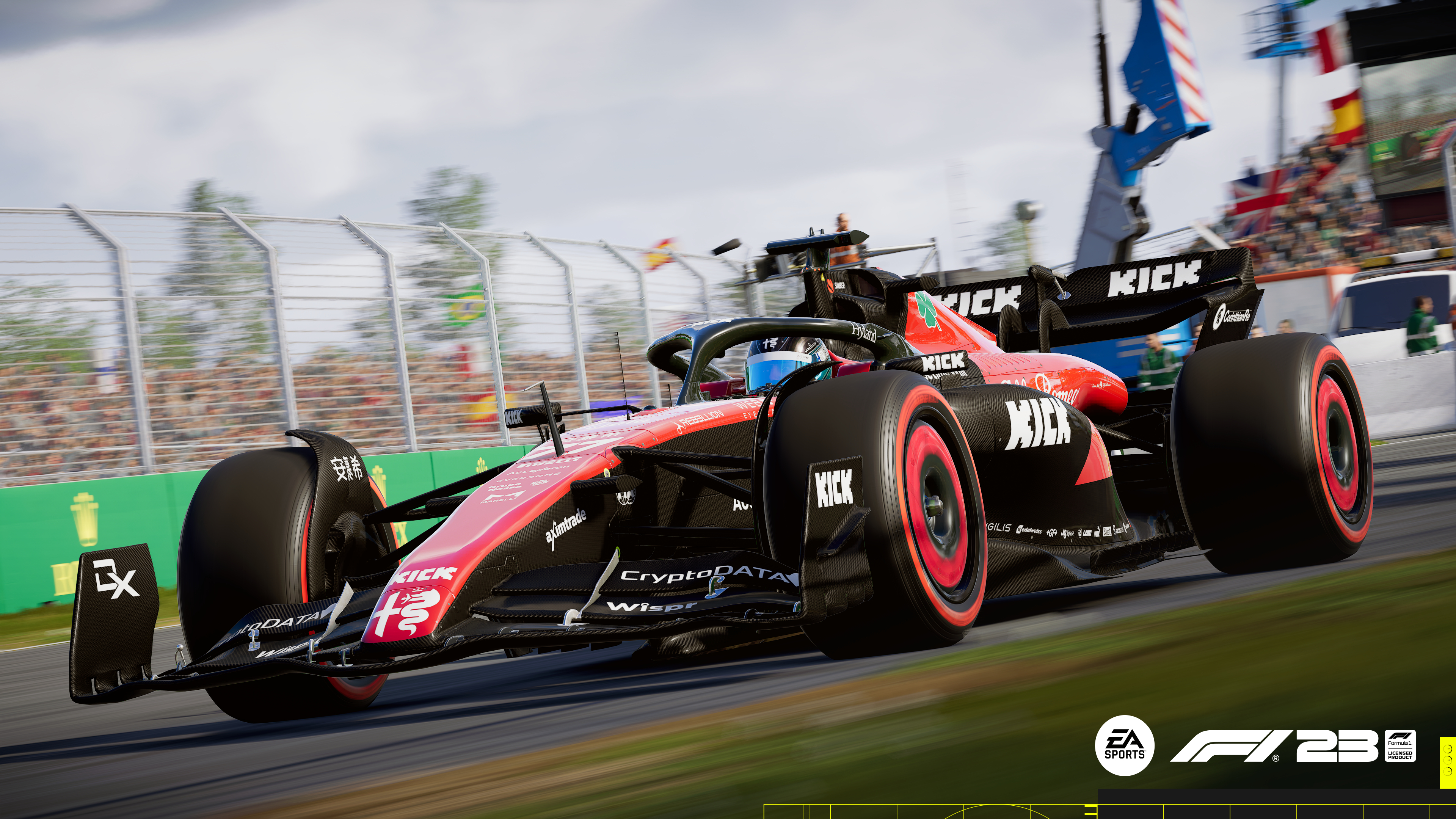 Rennwagen auf der Strecke. Rot und schwarz mit Sponsoren. EA Sports F1 23 Logo in der Ecke.