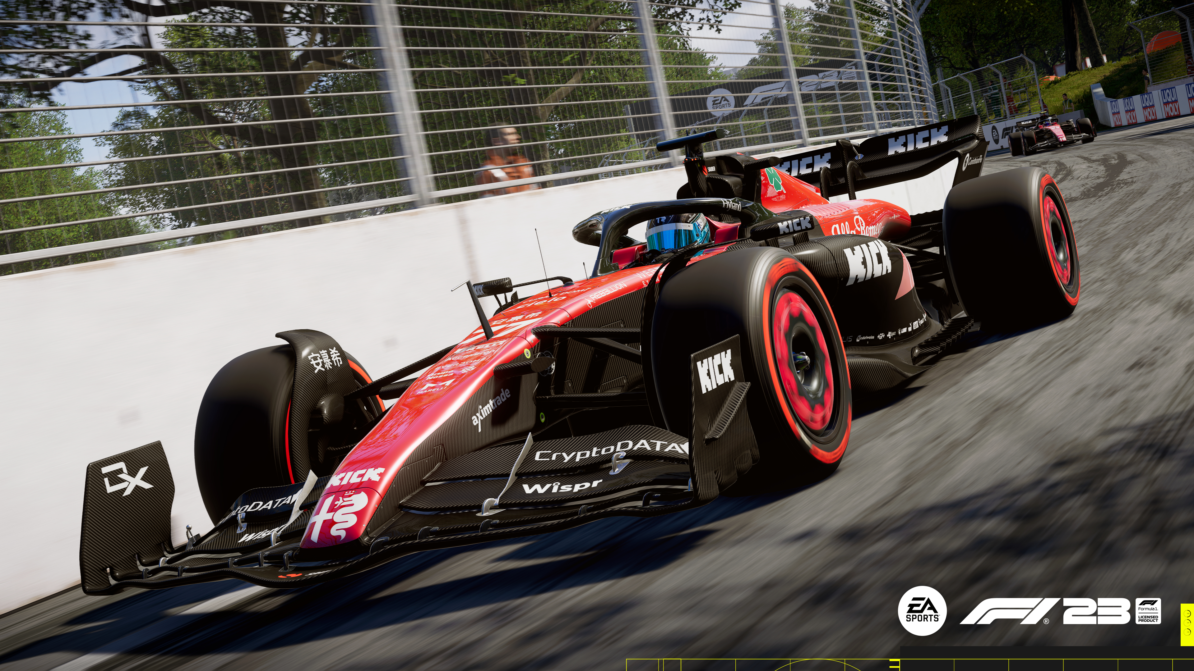 Rotes und schwarzes F1-Rennauto auf einer Rennstrecke. EA Sports-Logo.