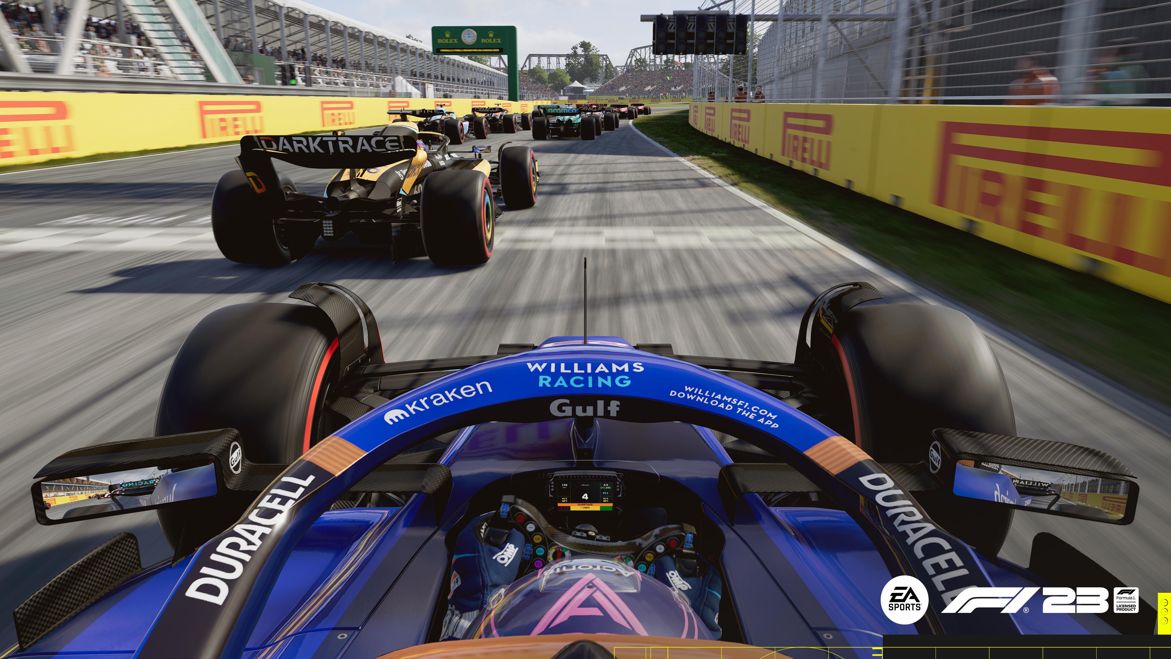 F1-Rennwagen auf einer Strecke, eine Ego-Perspektive von innen.