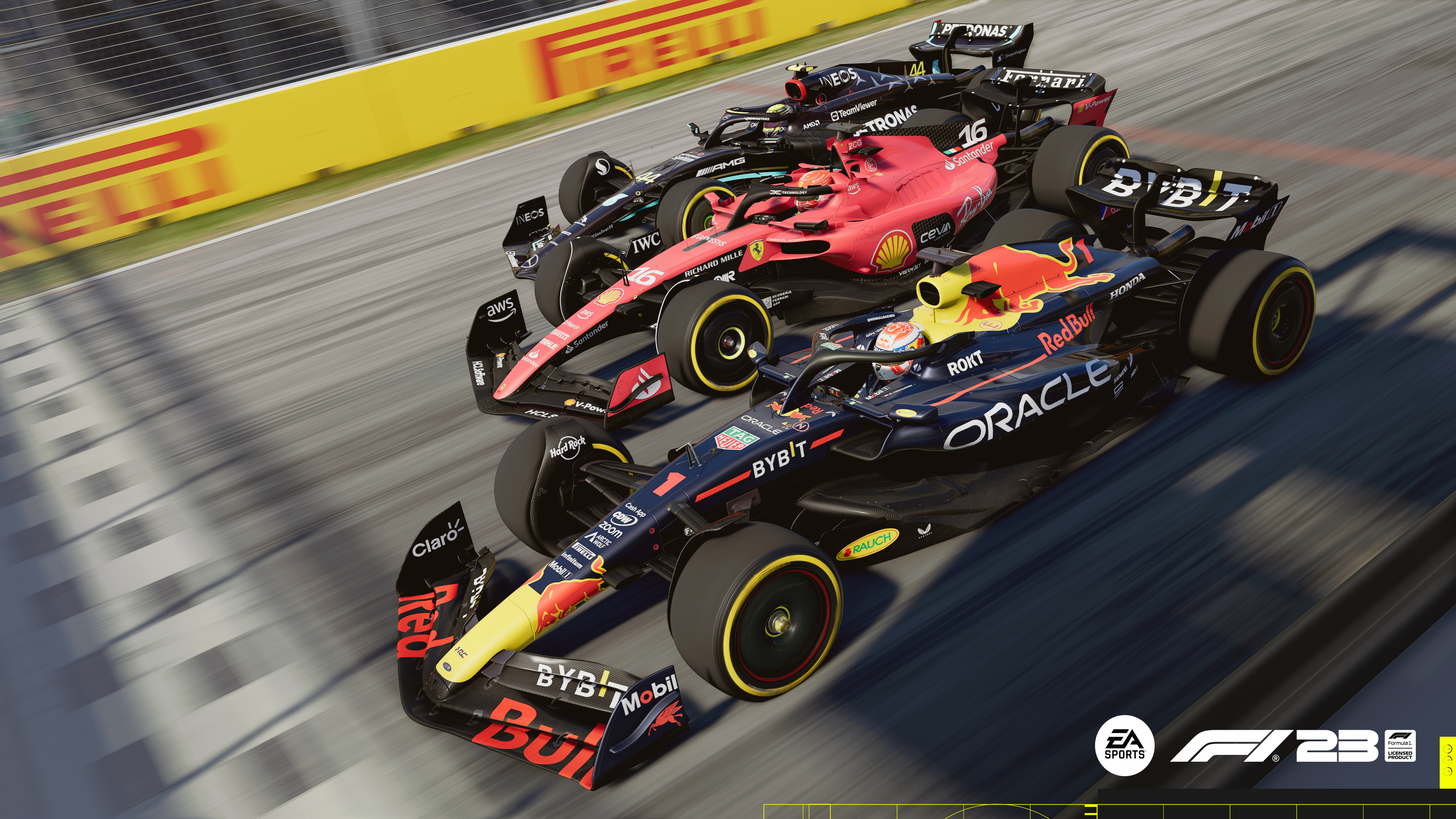 Formel-1-Rennwagen fahren auf einer Rennstrecke. Die Autos sind rot, schwarz und weiß. Grüne und gelbe Strecke.