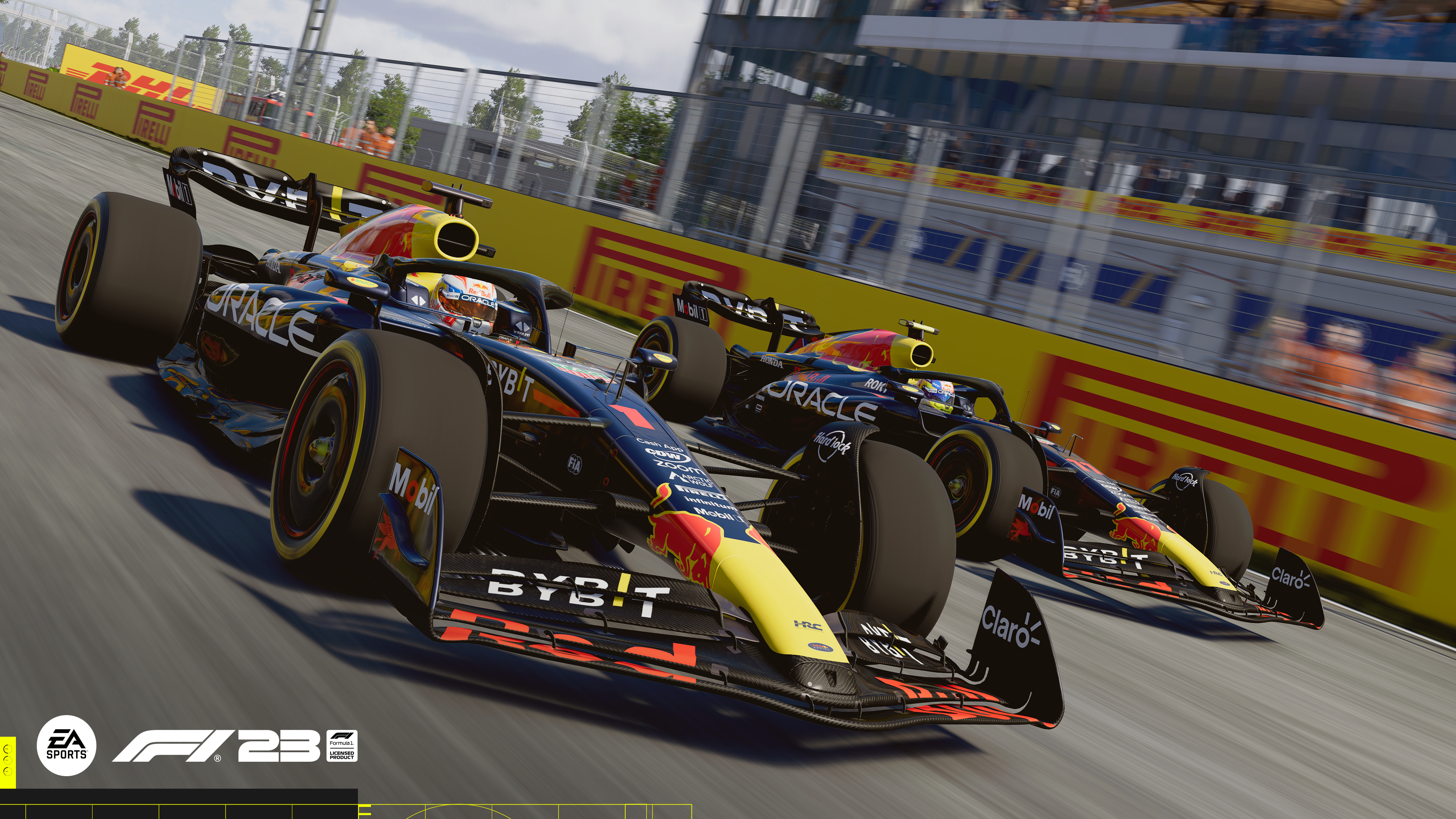 Zwei Formel-1-Rennwagen, Red Bull, auf einer Rennstrecke. Das EA Sports F1 23 Logo ist sichtbar.