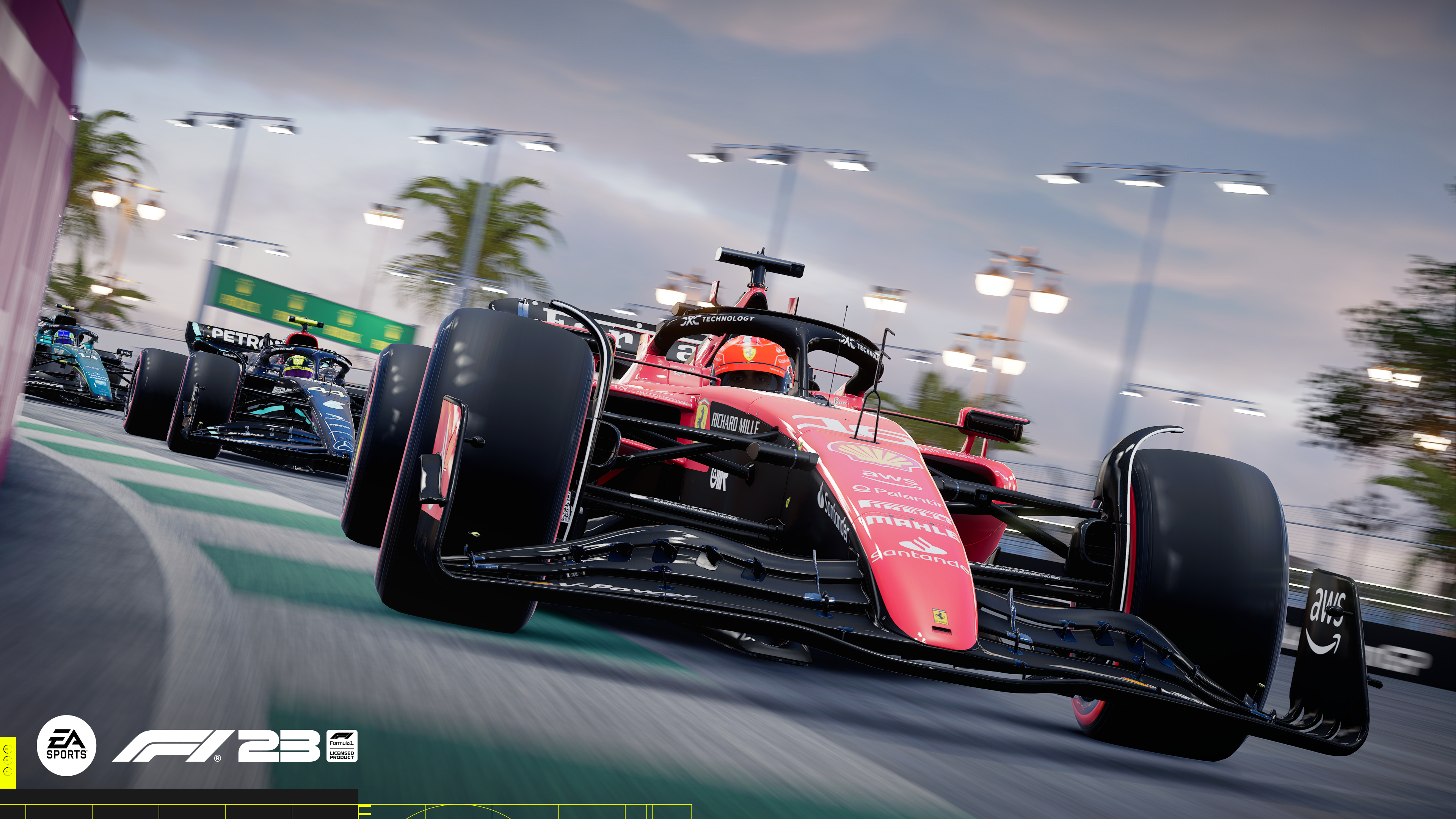 Formel-1-Rennwagen, die auf einer Rennstrecke fahren und Geschwindigkeit und Wettbewerb zeigen.