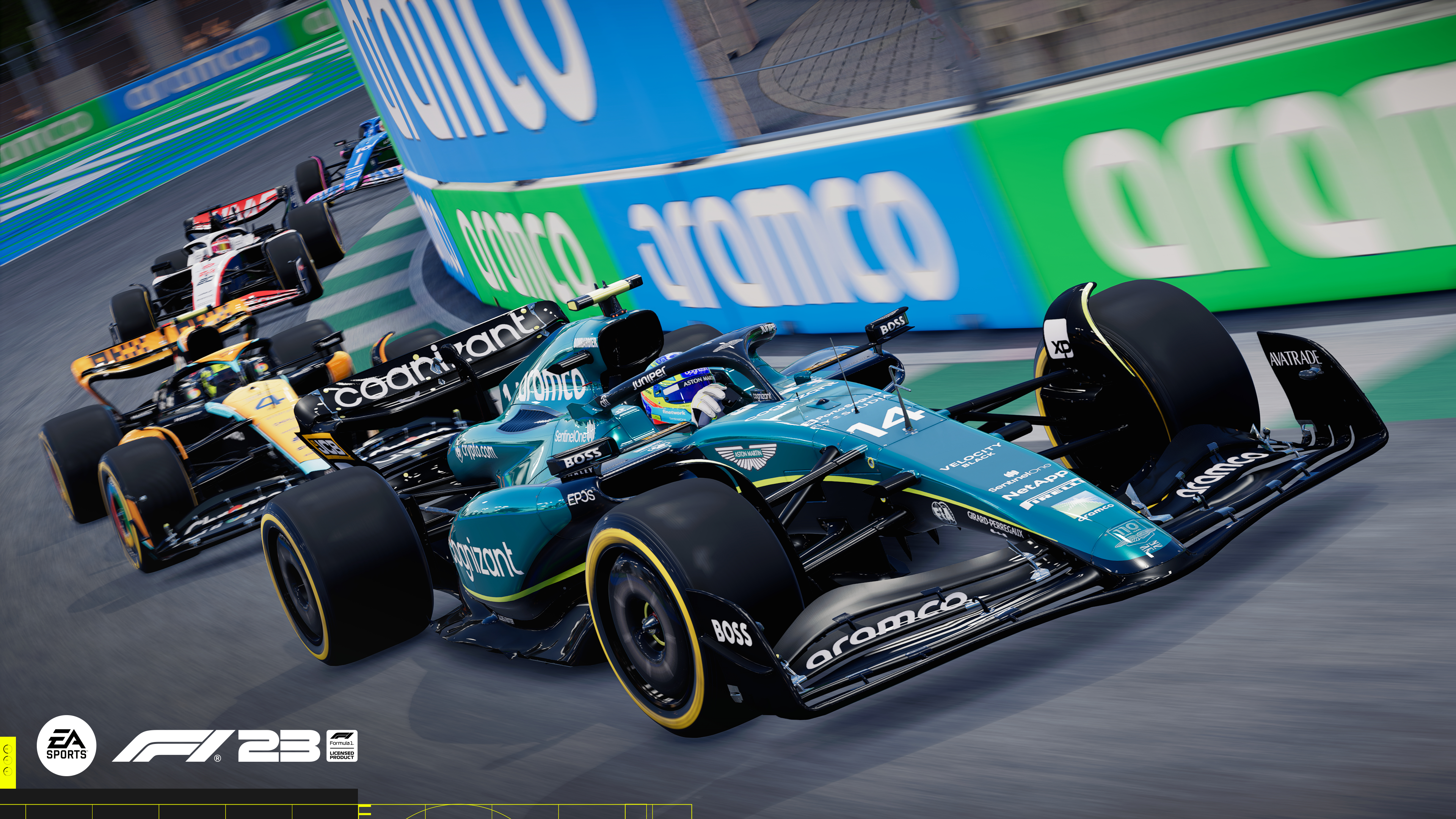 F1 23 Spielszene. Formel-1-Autos rasen auf einer Rennstrecke mit Sponsoren.