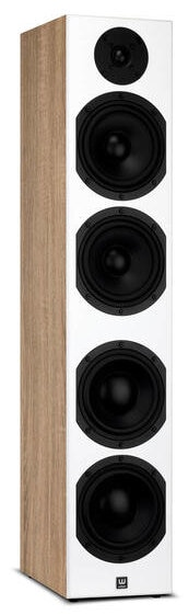 Wysoki głośnik z białym przodem, czarnymi głośnikami i bokiem z fakturą drewna. Czarne membrany.