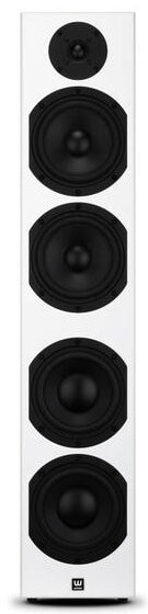 Wysoki biały głośnik z pięcioma czarnymi głośnikami. Głośniki rozmieszczone pionowo na powierzchni.