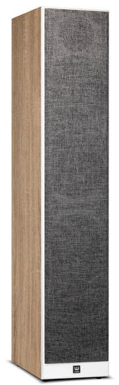 Wysoki głośnik drewniany z szarym materiałowym przodem.