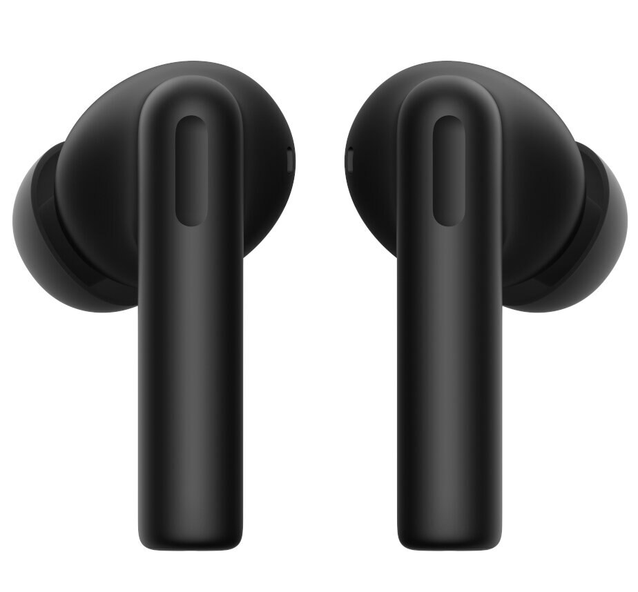 Dwa czarne bezprzewodowe słuchawki. Każdy ma trzon i zaokrągloną wkładkę douszną.