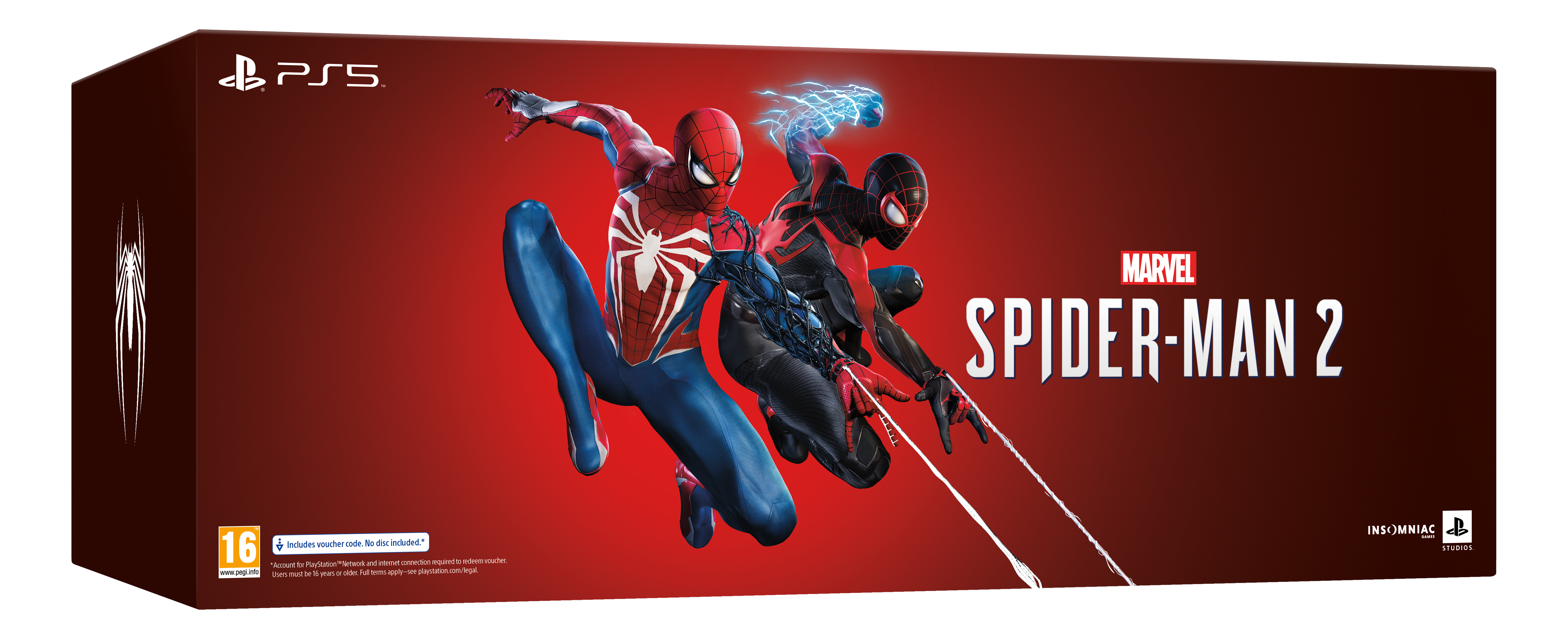 Scatola del gioco Marvel Spider-Man 2 PS5. Arte di Spider-Man e Miles Morales. Sfondo rosso.