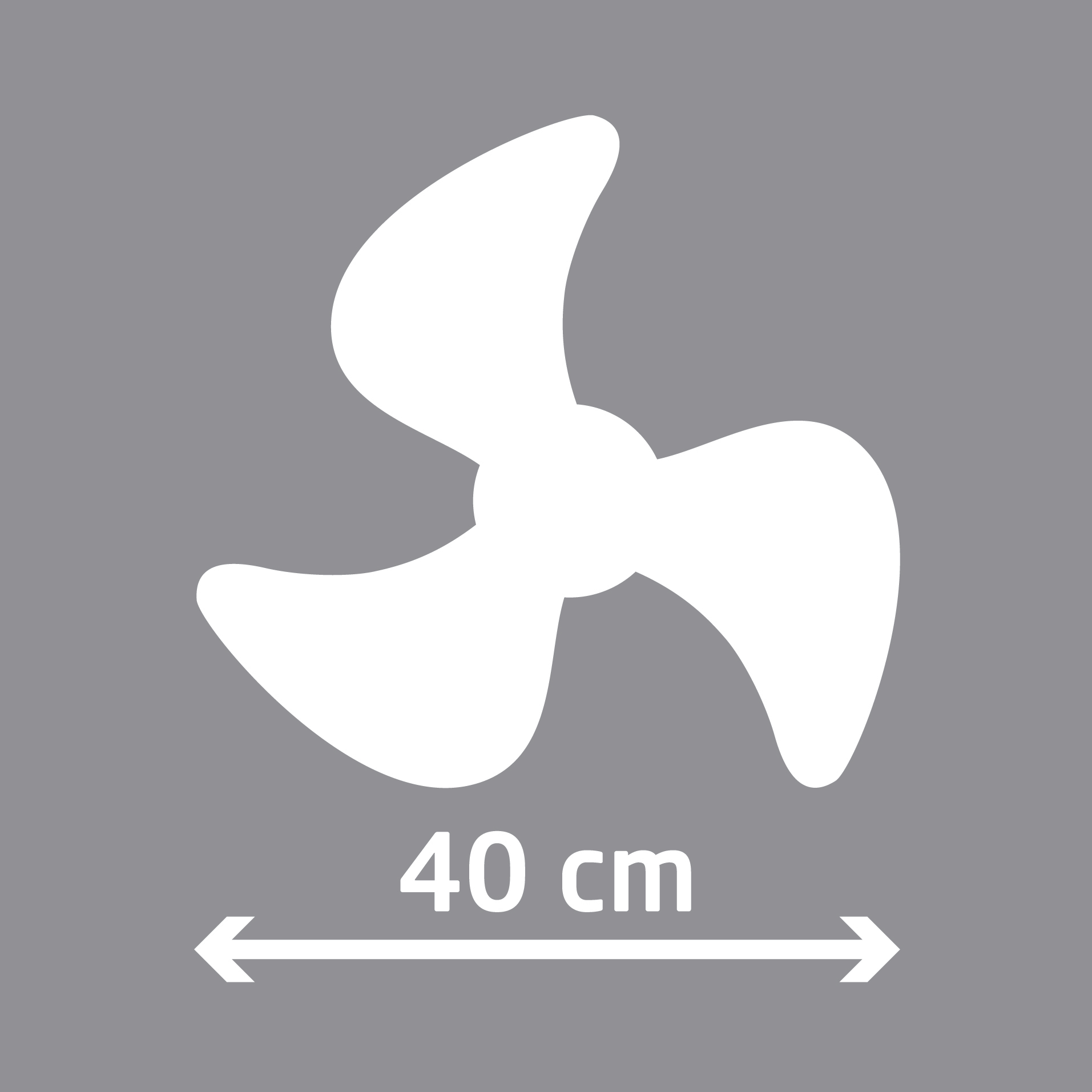 Weißer Propeller mit drei Blättern auf grauem Grund, mit 40 cm Maßstabsanzeige.