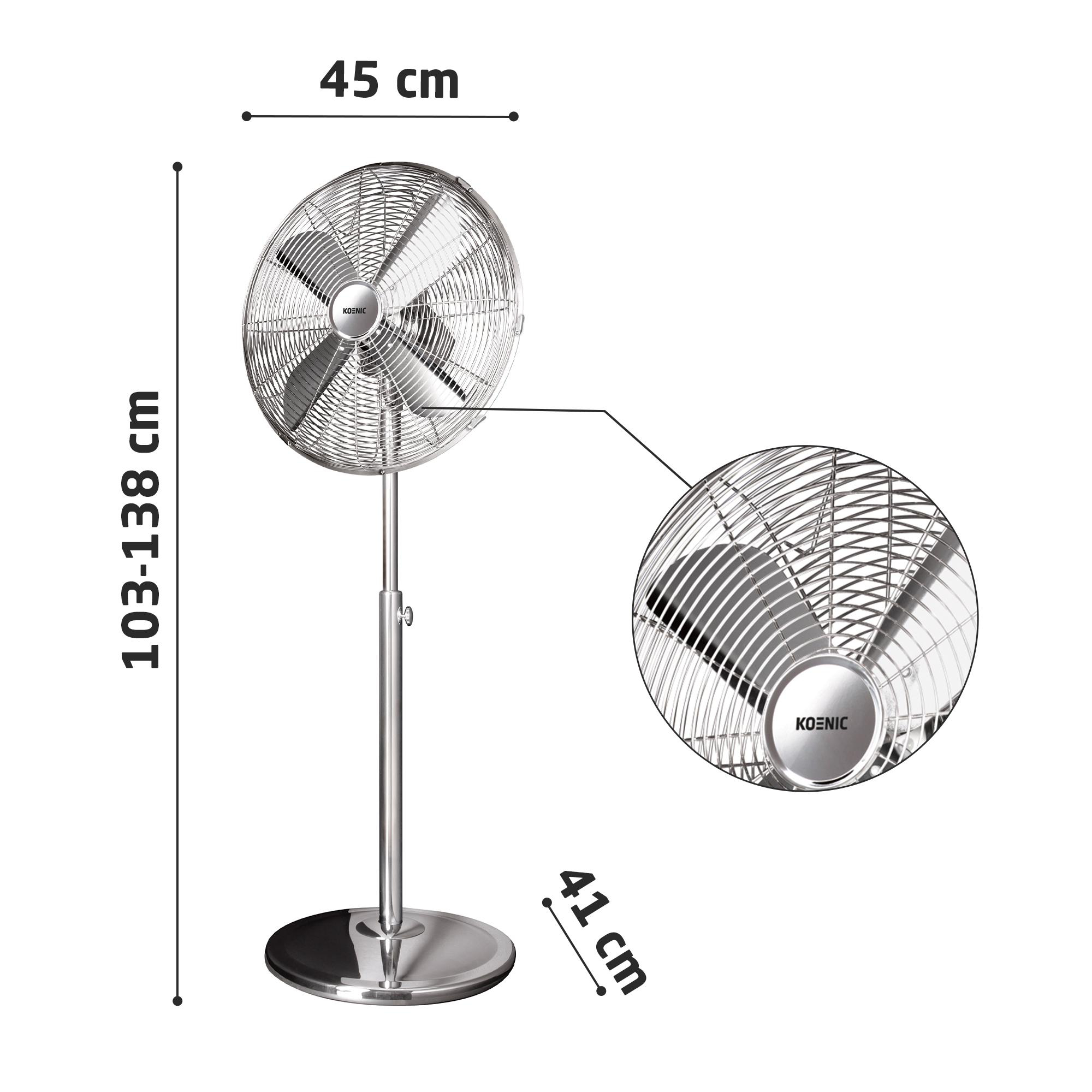 Silberner Koenic-Standventilator. Maße: 103-138 cm hoch, 45 cm breit und 41 cm Sockel. Eine Detailansicht der Lüfterflügel ist enthalten.