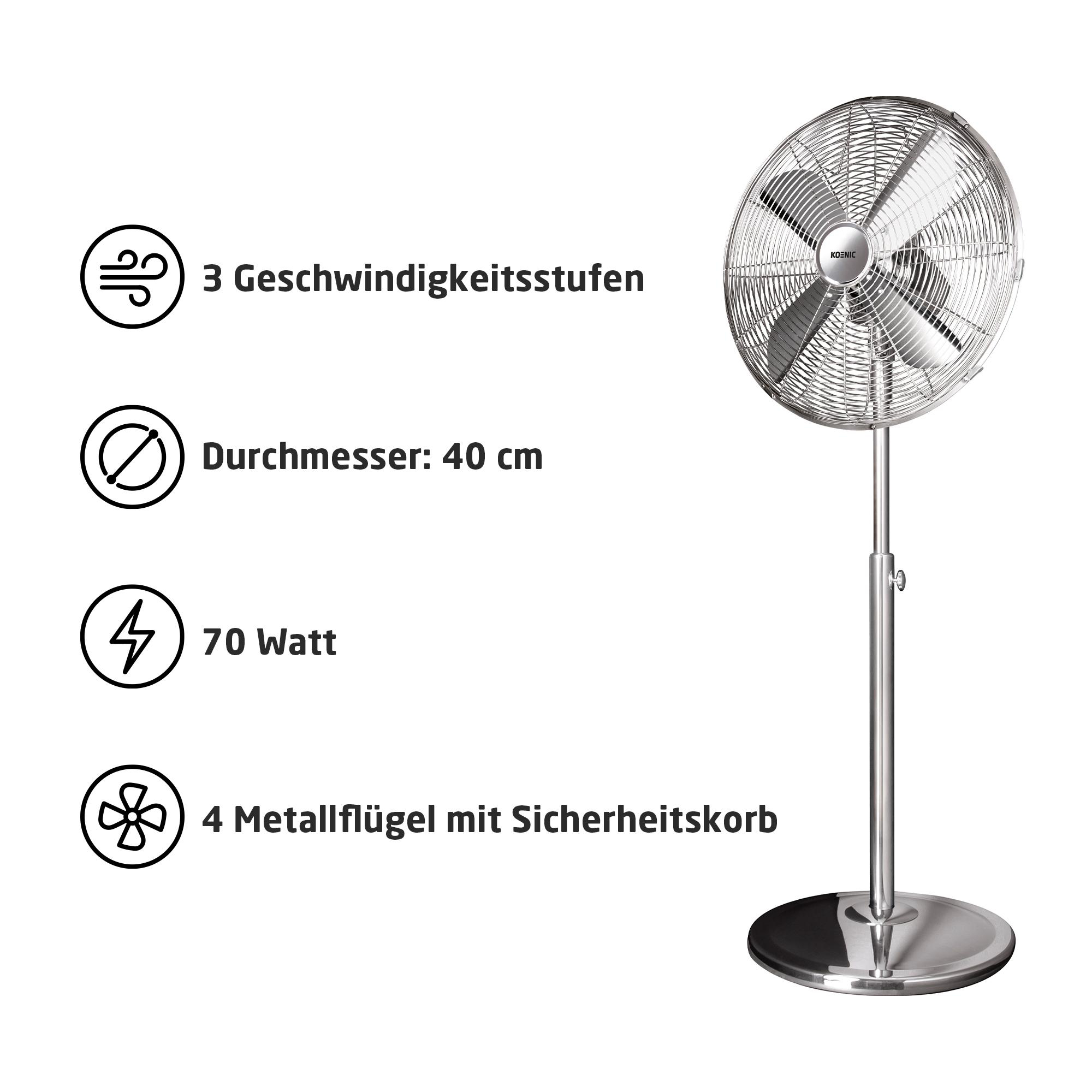 Ein silberner Standventilator mit Textlabels, die 3 Geschwindigkeiten, 40 cm Durchmesser, 70 Watt und 4 Metallblätter zeigen.