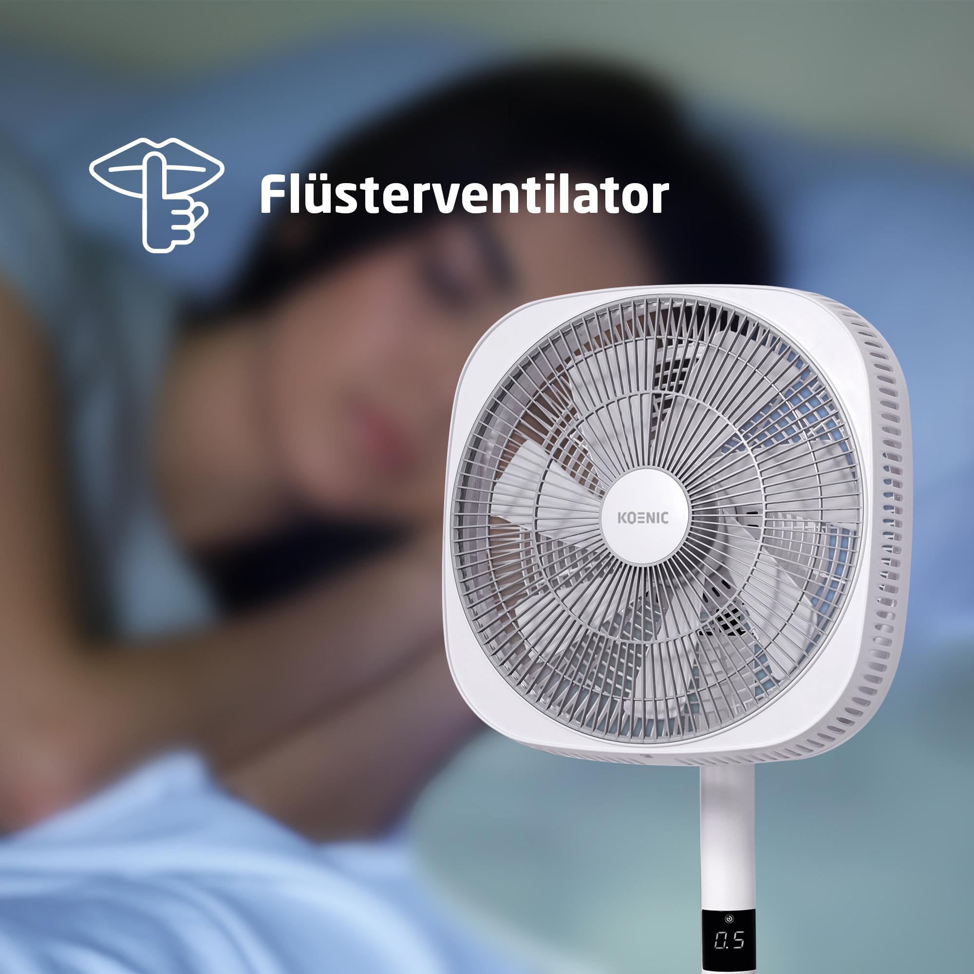Weißer Ventilator mit weißem Ständer und dem Wort 'Flüsterventilator' mit einer Person im Bett verschwommen.
