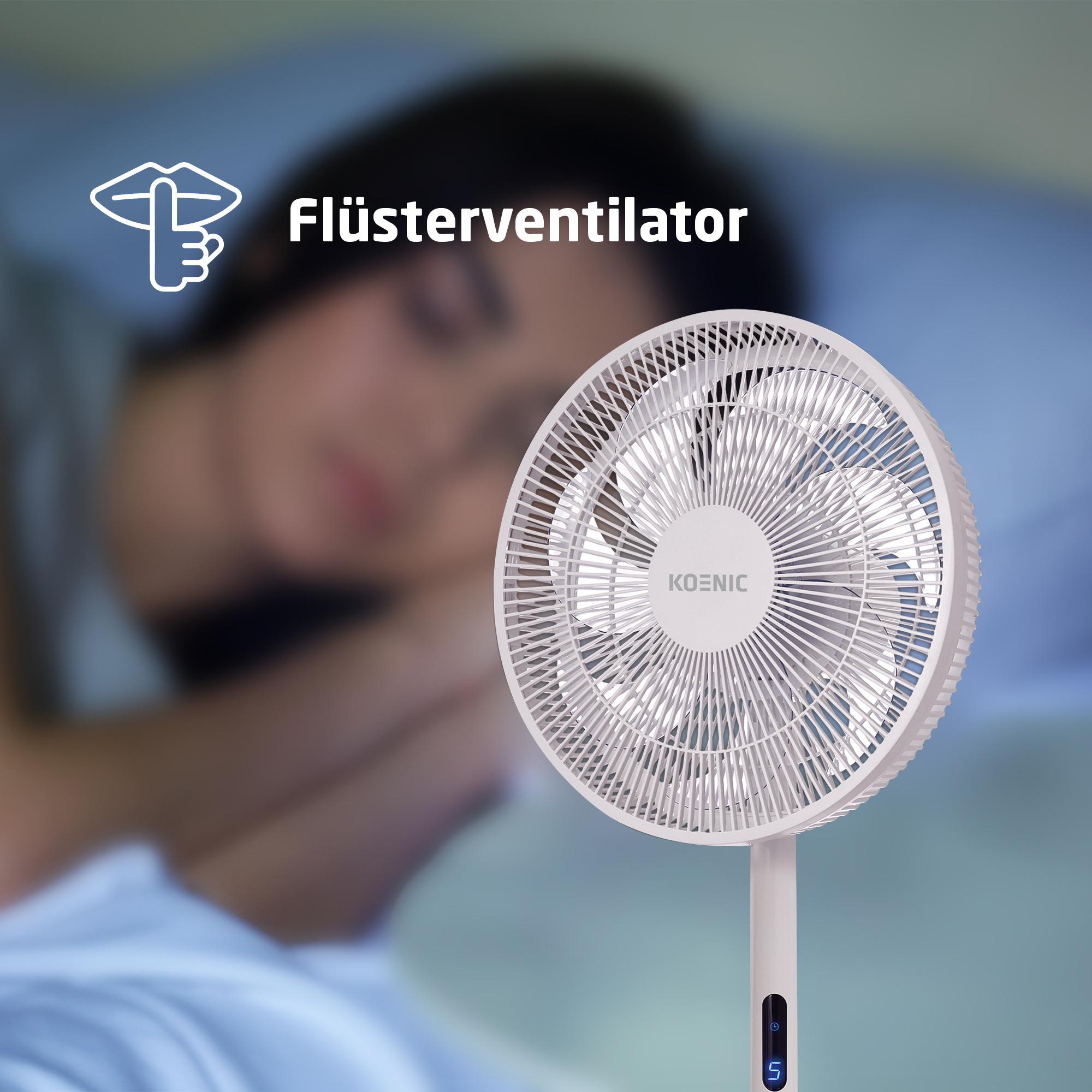 Weißer Ventilator mit weißen Flügeln, schlafende Frau, deutscher Text, Flüsterlüfter.