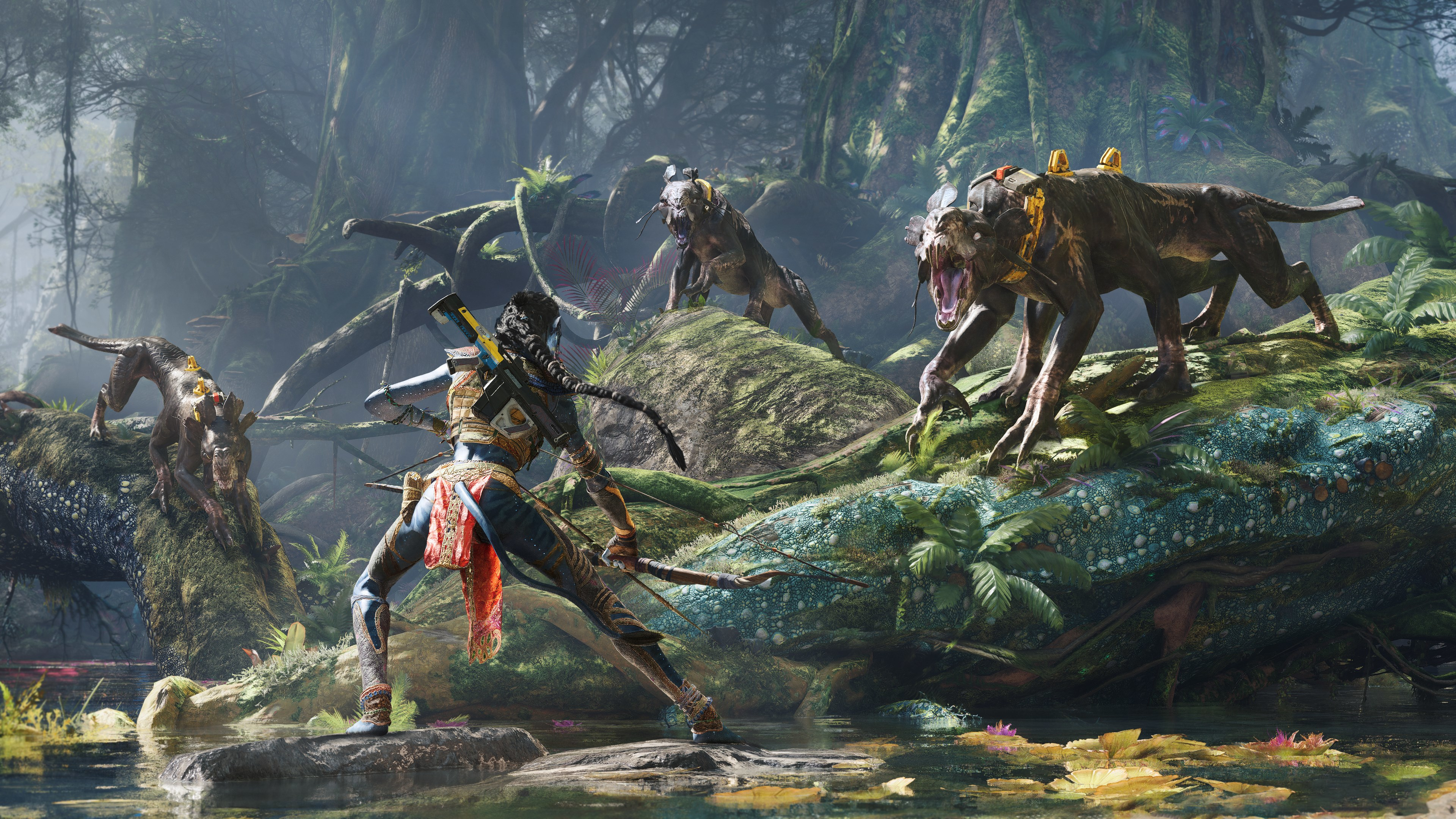 Un guerrier dans une jungle, combattant des créatures.