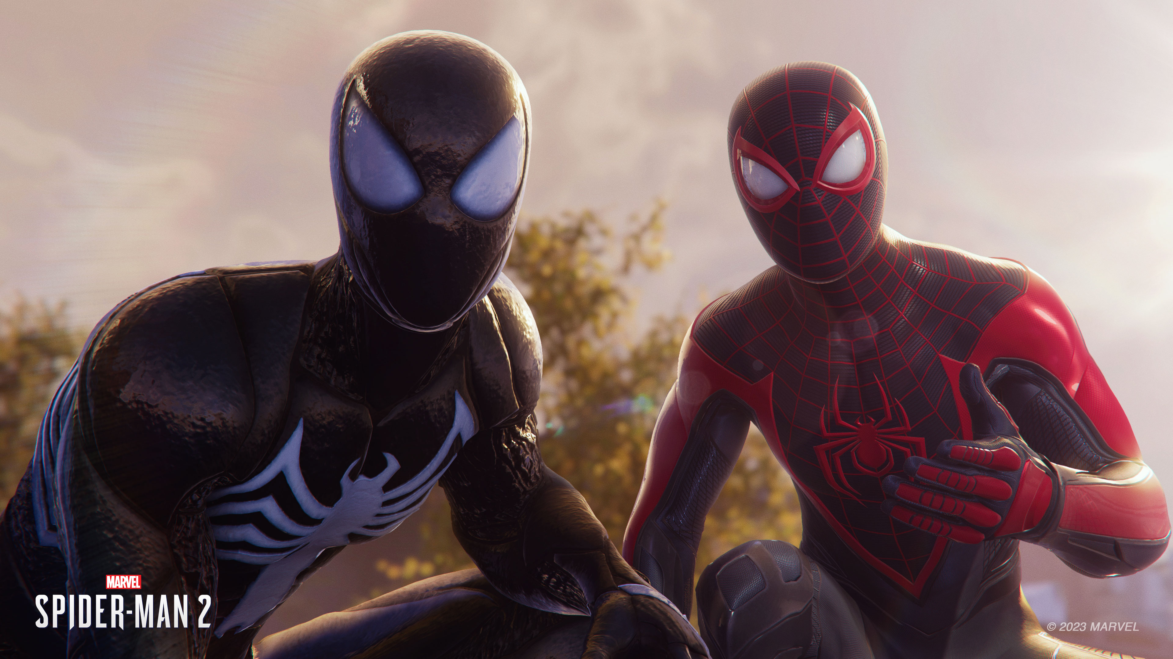 Spider-Man in zwarte en rode pakken, Miles Morales duim omhoog, gebouwen op de achtergrond, zonsondergang.