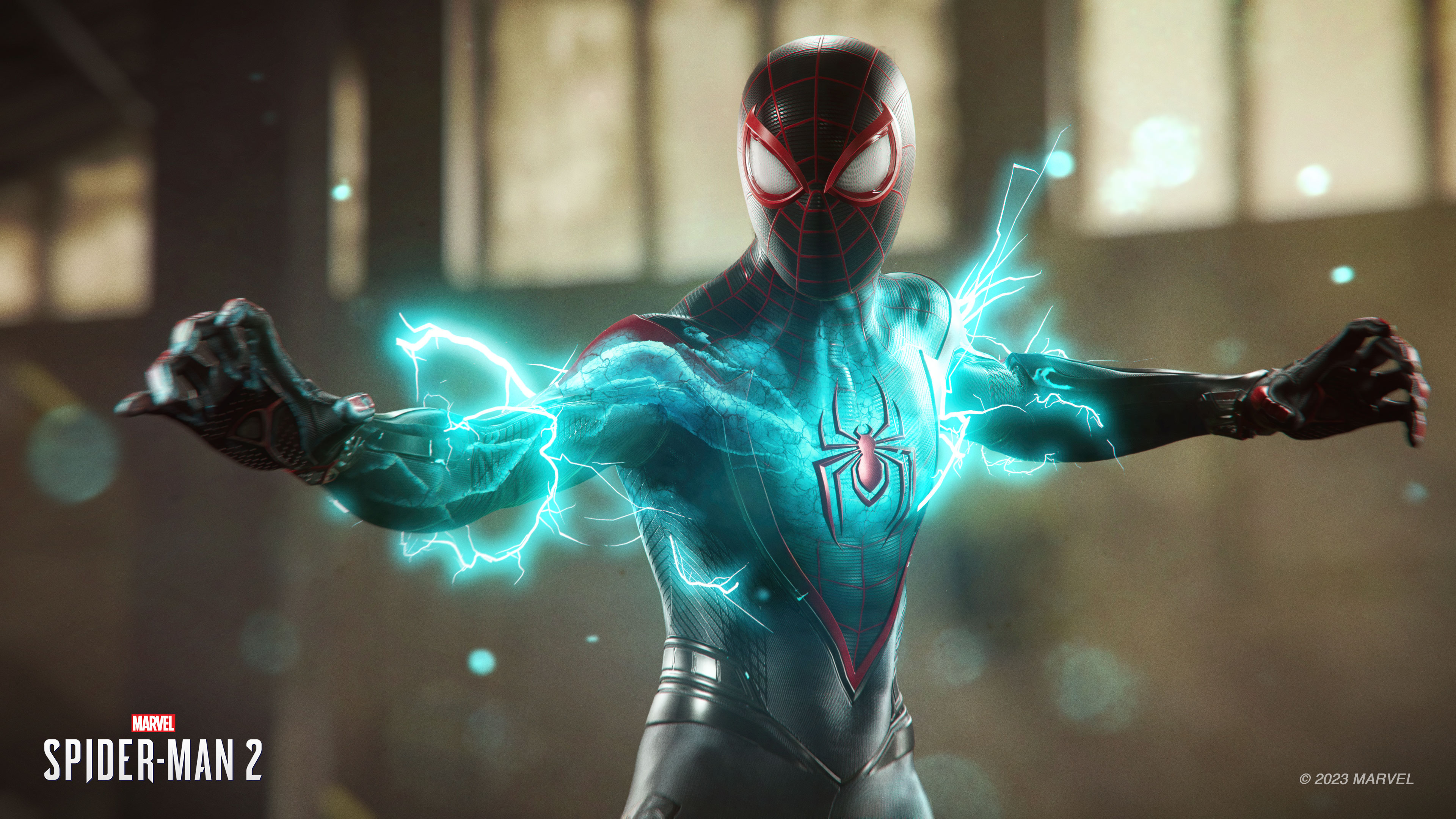 Spider-Man in zijn pak met elektrische energie om zich heen. Donkere achtergrond met bokeh.