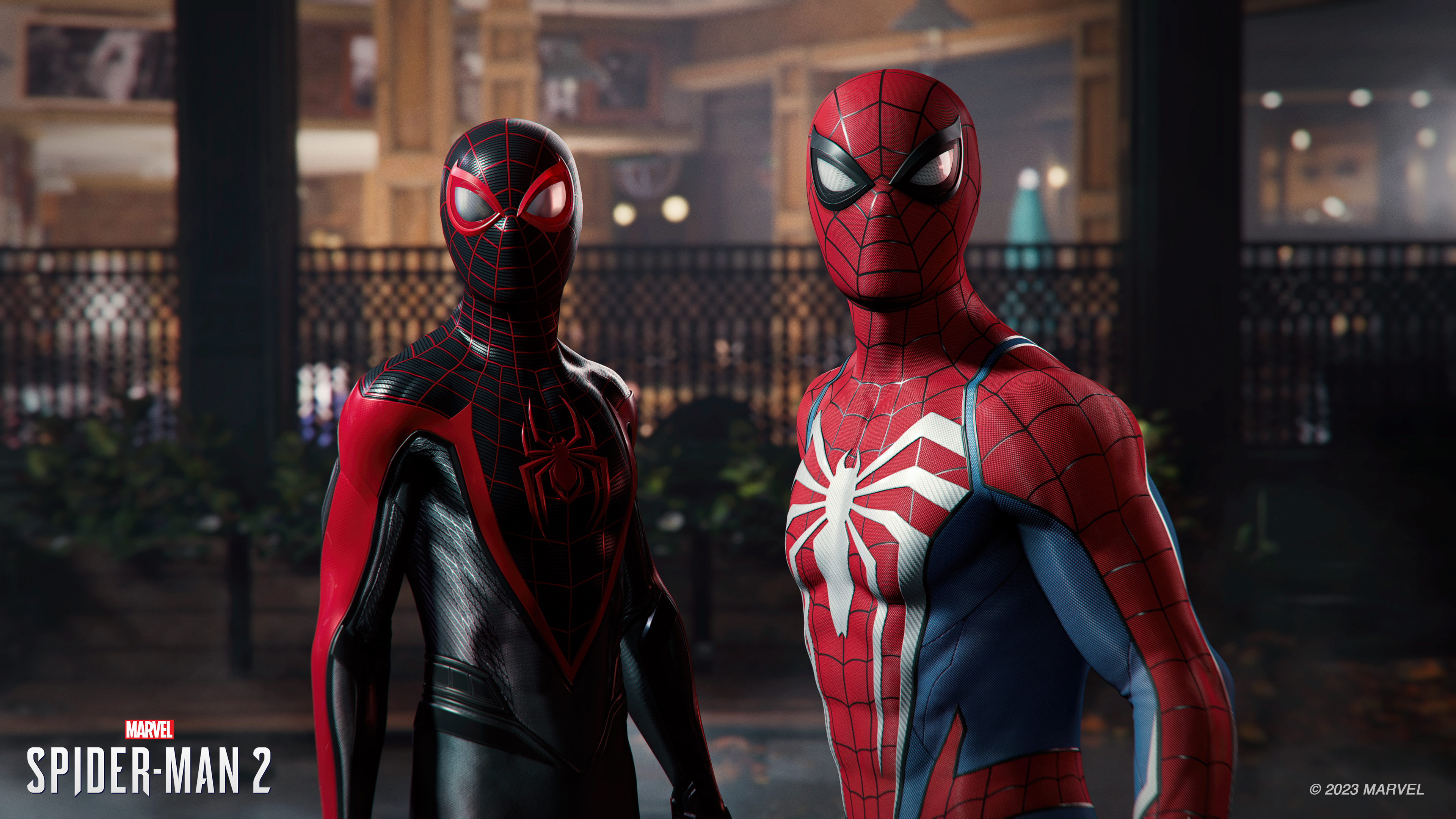 Twee Spider-Man-personages, Miles en Peter, in pak, poseren binnenshuis.