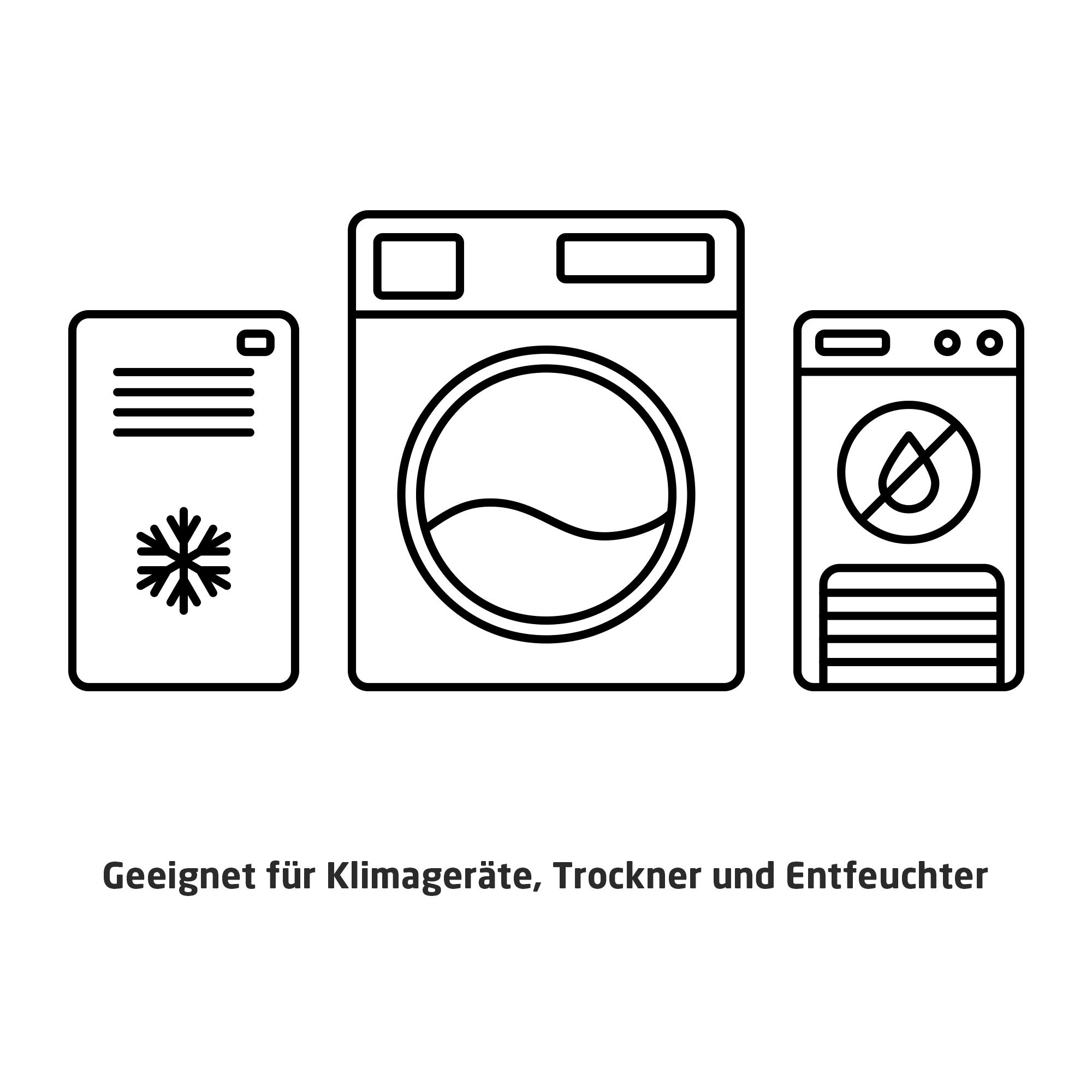 Strichzeichnungen von Kühlschrank, Waschmaschine und Trockner. Text darunter.
