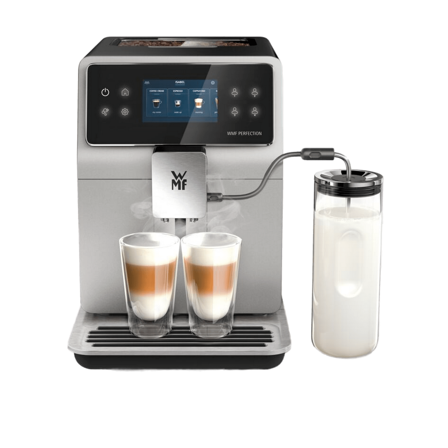 A silver and black coffee machine with two glasses of coffee and a milk container.