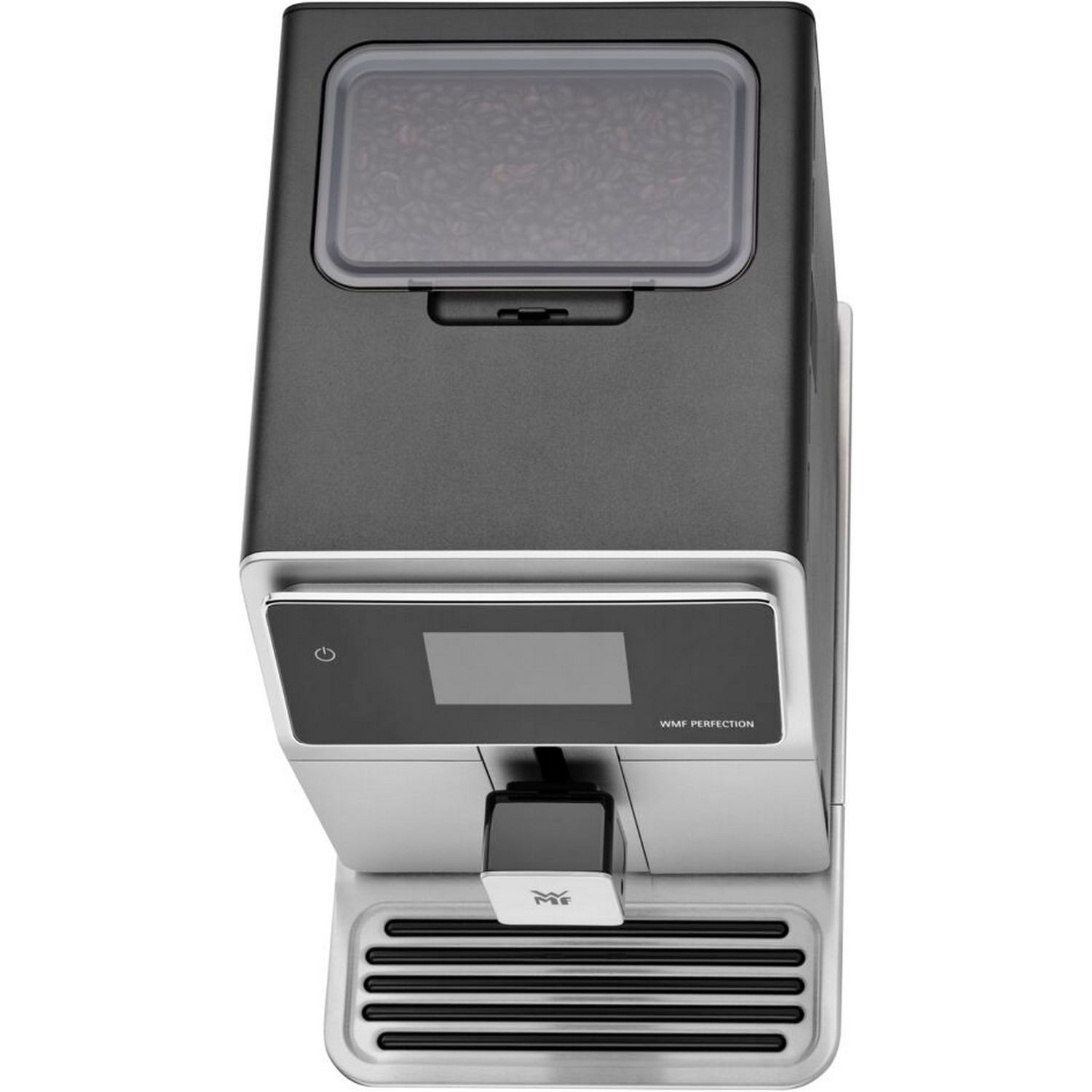 A black and silver coffee machine, top view.