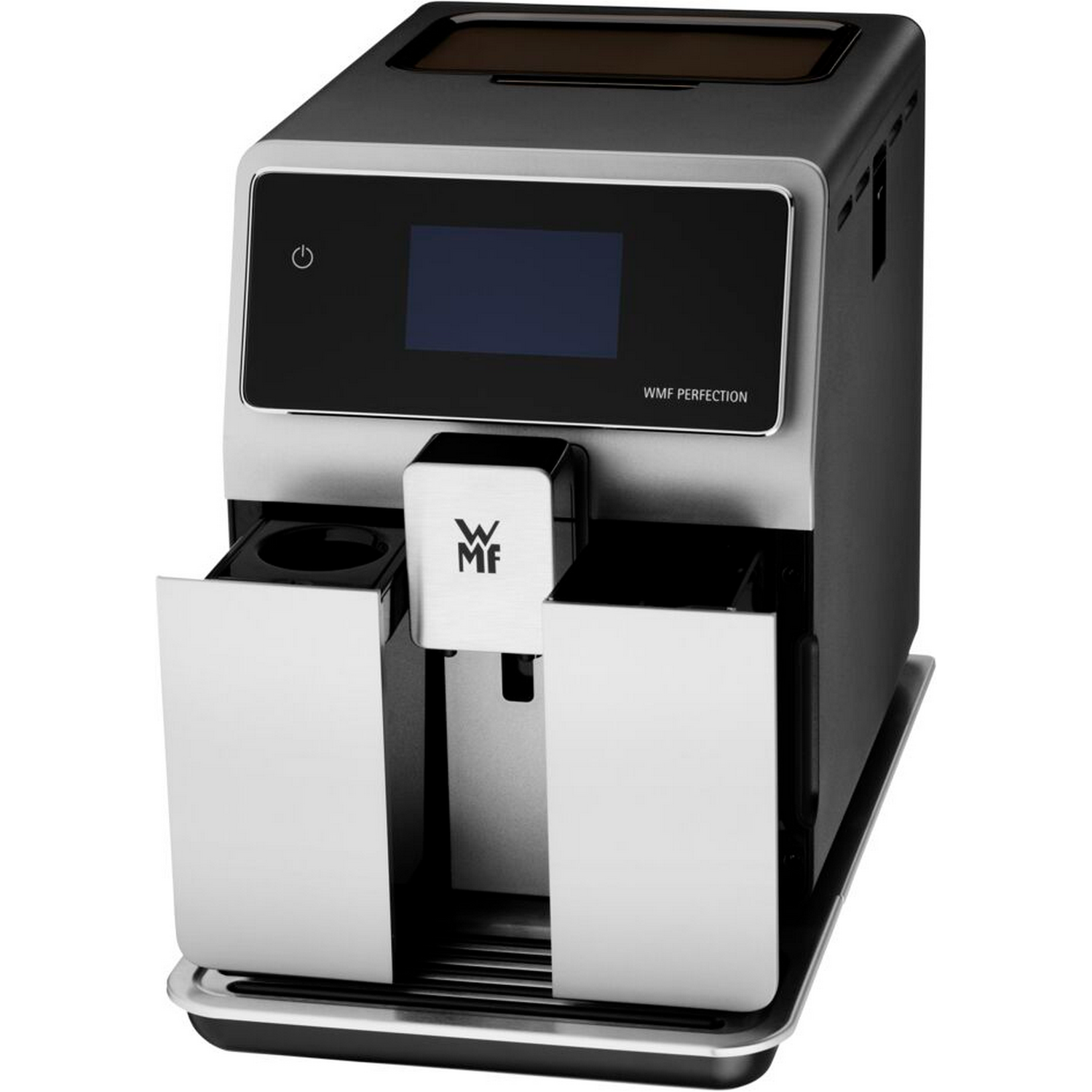 Silver and black coffee machine with a touch screen and two compartments for cups.