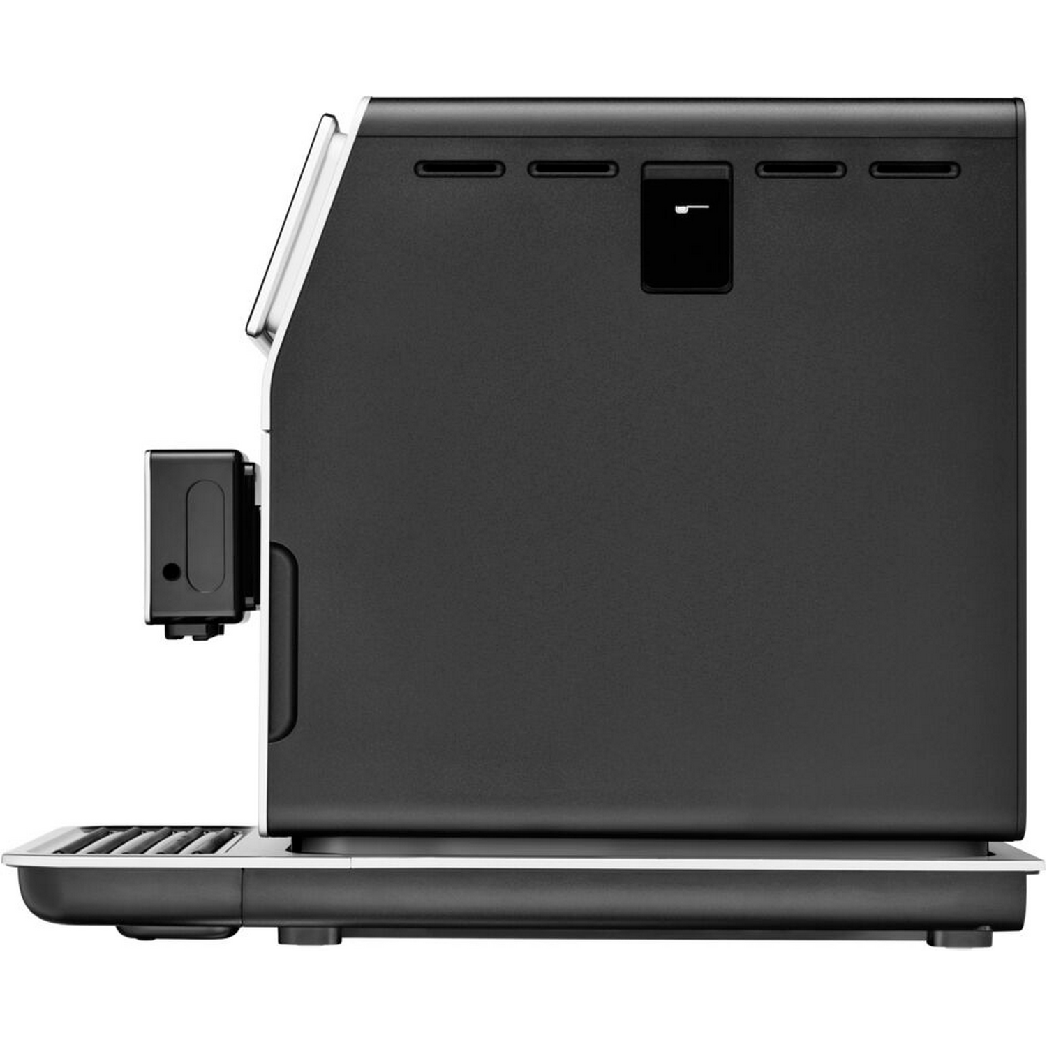 Side view of a black espresso machine with a silver top and a white base.