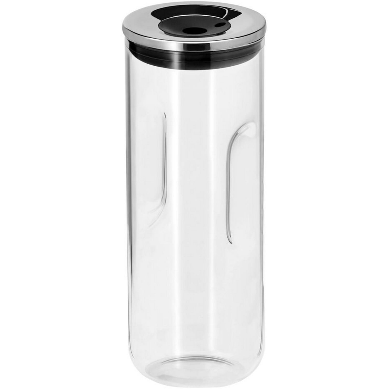 A clear glass jar with a stainless steel lid is shown.