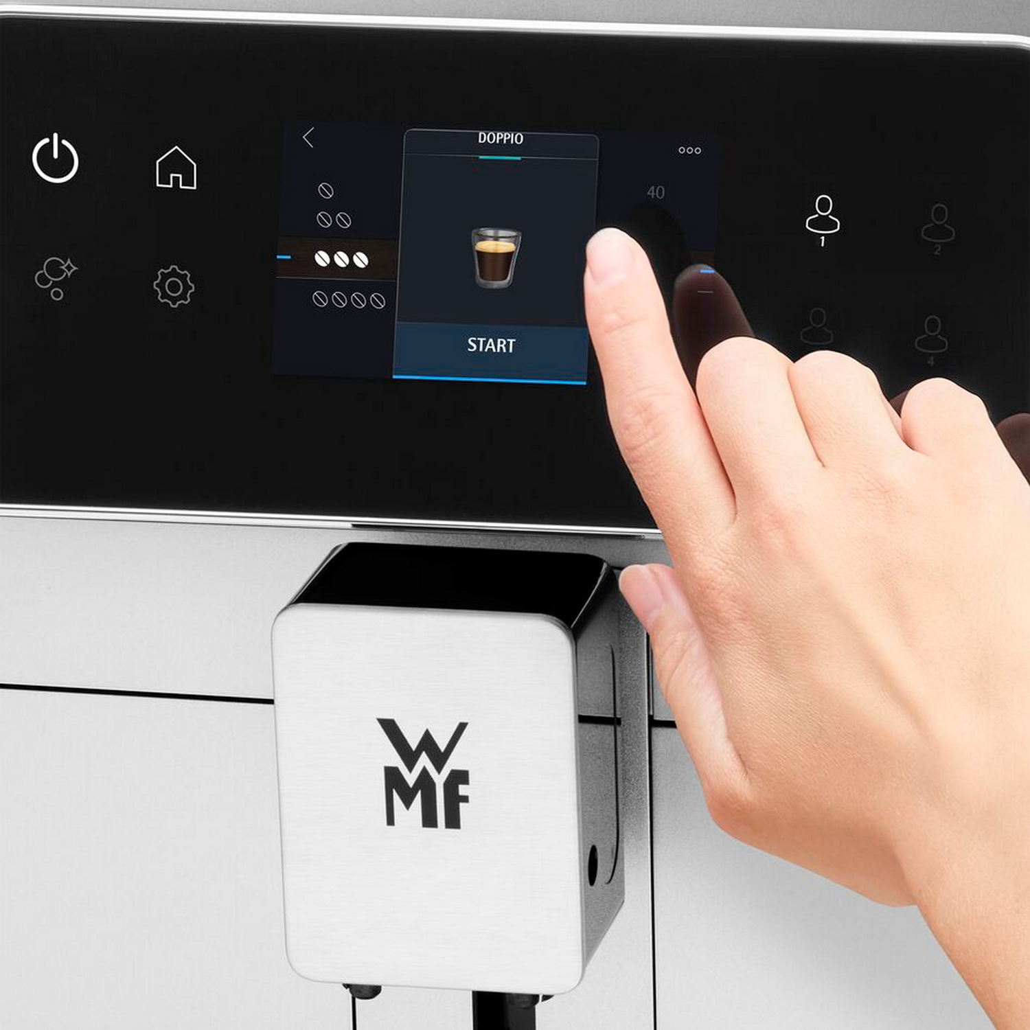 A hand touching a coffee machine screen with a doppio option selected.