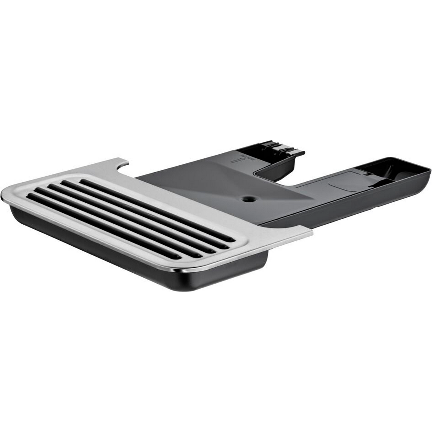 A black and silver appliance tray on a white background.
