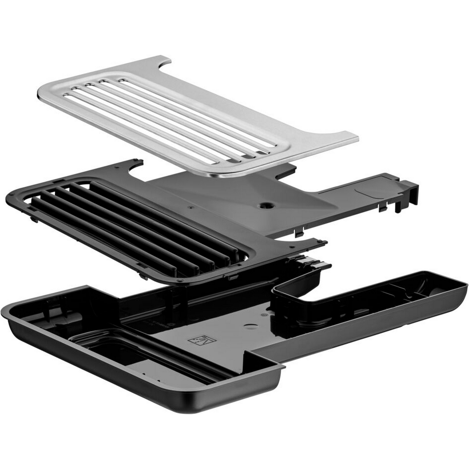 An exploded view of a grill, with parts separated and laid out.