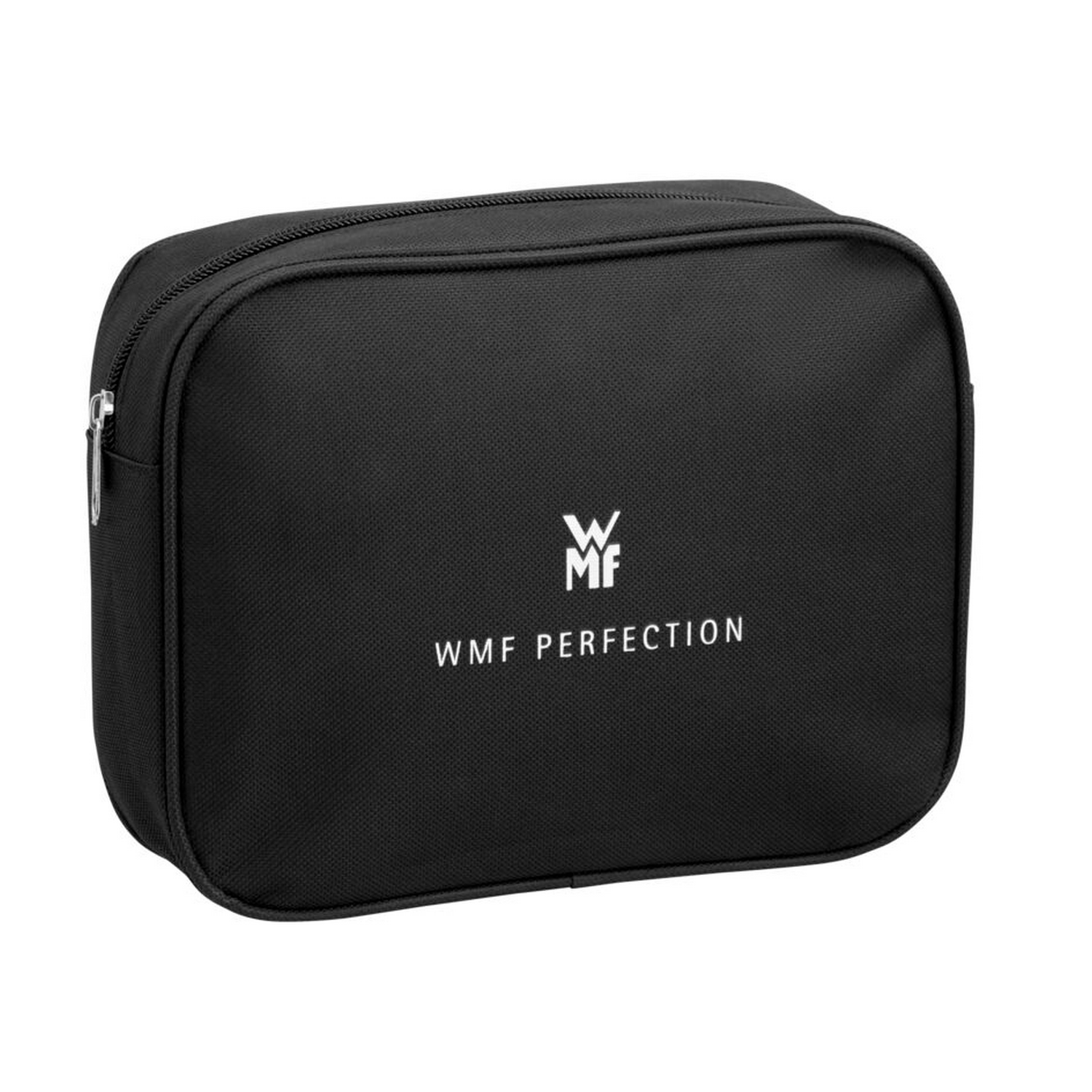 Black WMF Perfection travel bag with zipper and logo.