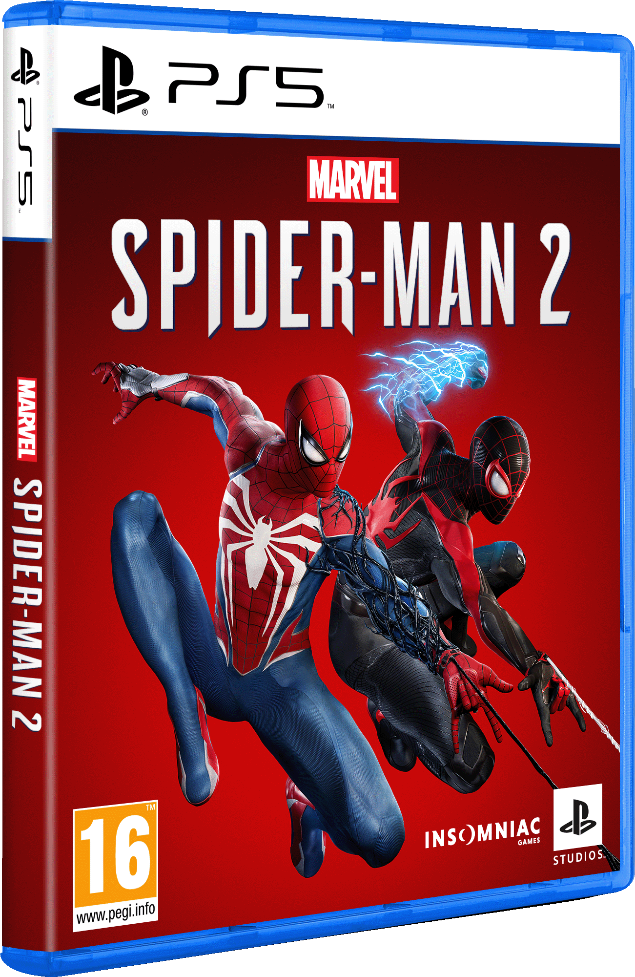Marvel's Spider-Man 2 Spielverpackung mit Spider-Man und Miles Morales auf rotem Hintergrund.