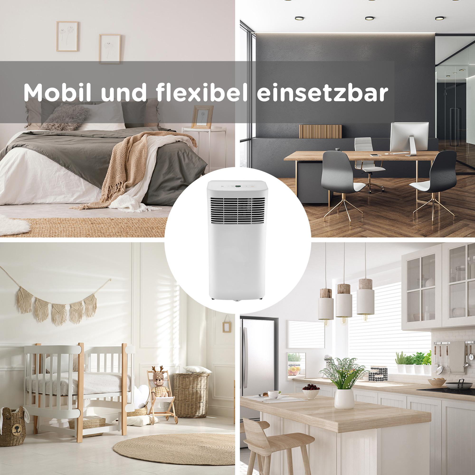 Ein weißer Luftreiniger in verschiedenen Raumeinstellungen: Schlafzimmer, Büro, Küche und Wohnzimmer.
