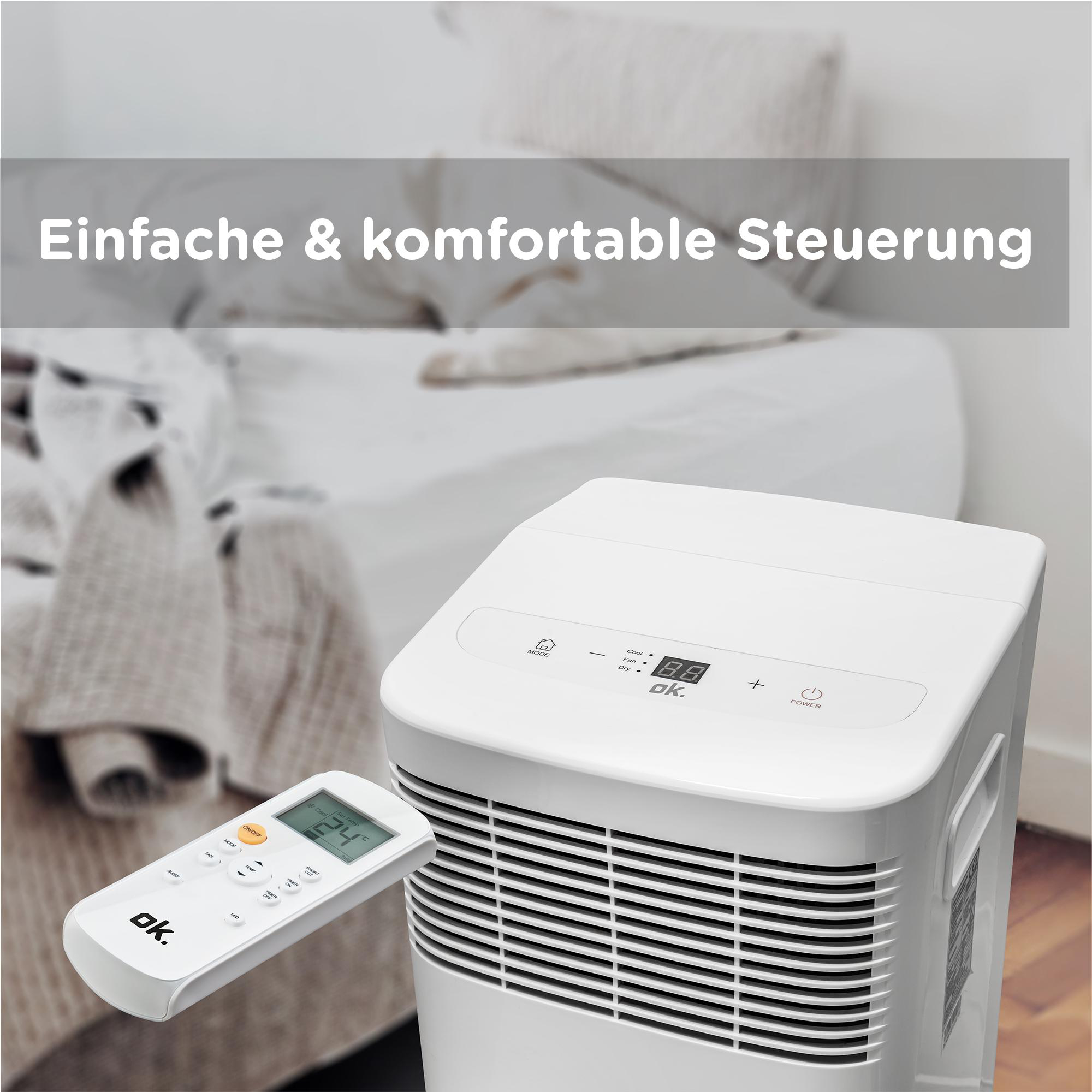 Weißer Luftreiniger mit Fernbedienung. Text sagt: 'Einfache & komfortable Steuerung'.