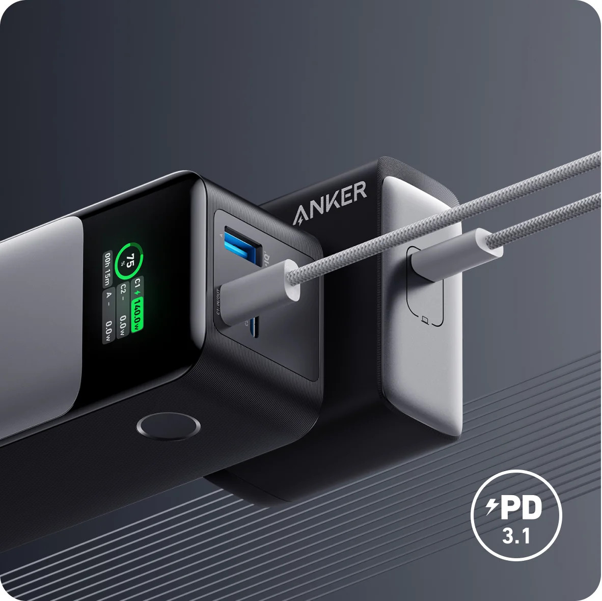 Black and gray Anker chargers with a cable connected to a blue port. PD 3.1 label is in the bottom right.