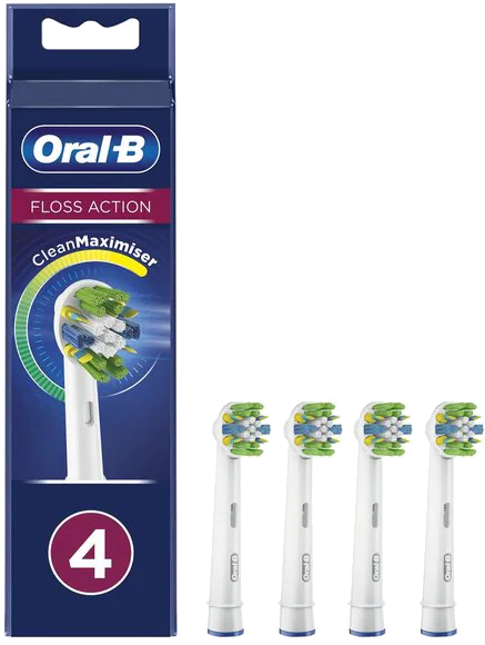 Verpakking van 4 Oral-B Floss Action opzetborstels, met groene en witte borstelharen en een blauwe doos.
