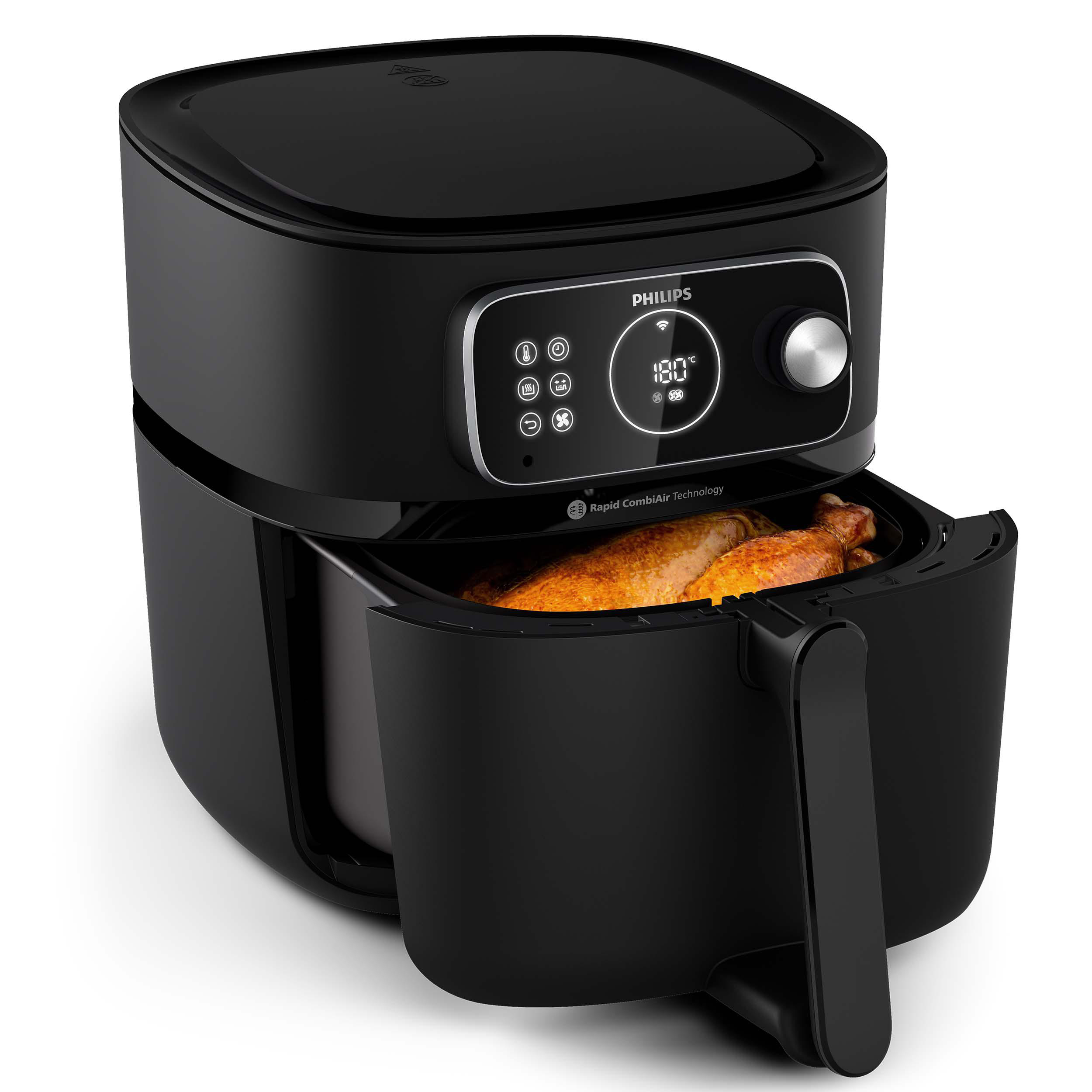 Eine schwarze Philips Heißluftfritteuse mit Griff und Essen im Inneren.