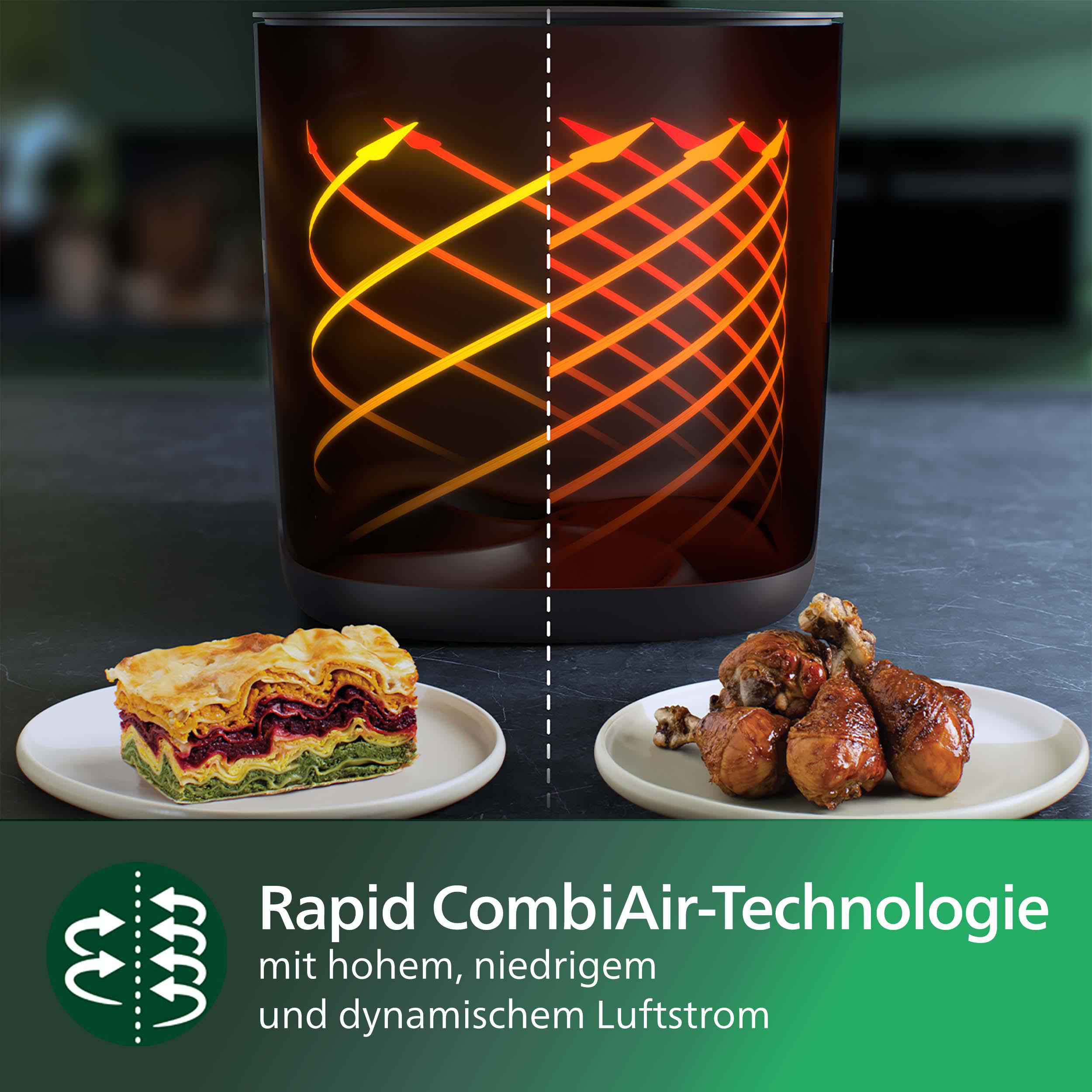 Heißluftfritteuse mit gekochter Lasagne und Hähnchen, Text zur Rapid CombiAir-Technologie.