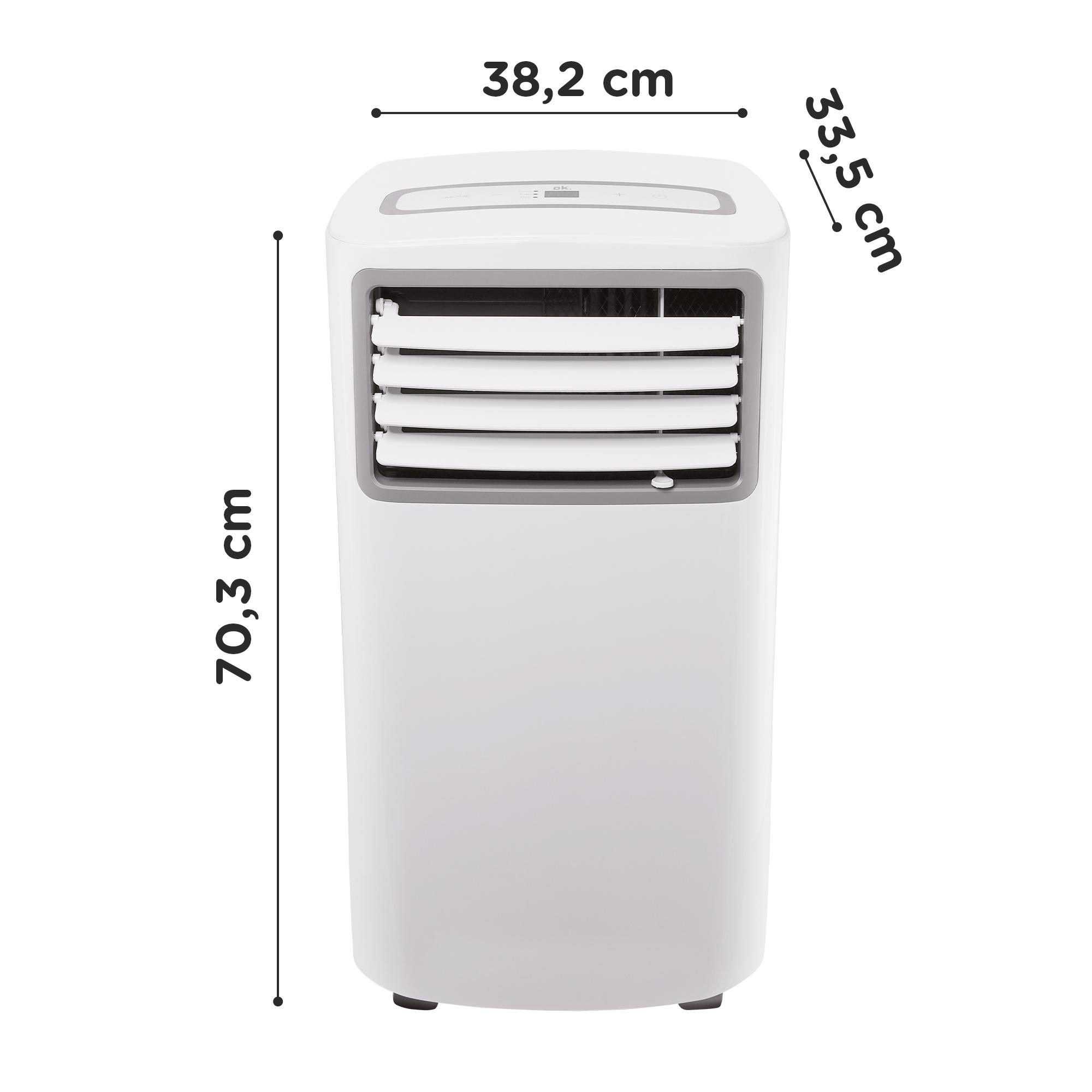 Ein weißer Klimaanlagen mit Maßen. Es ist 70,3 cm hoch, 38,2 cm breit und 35,5 cm tief.