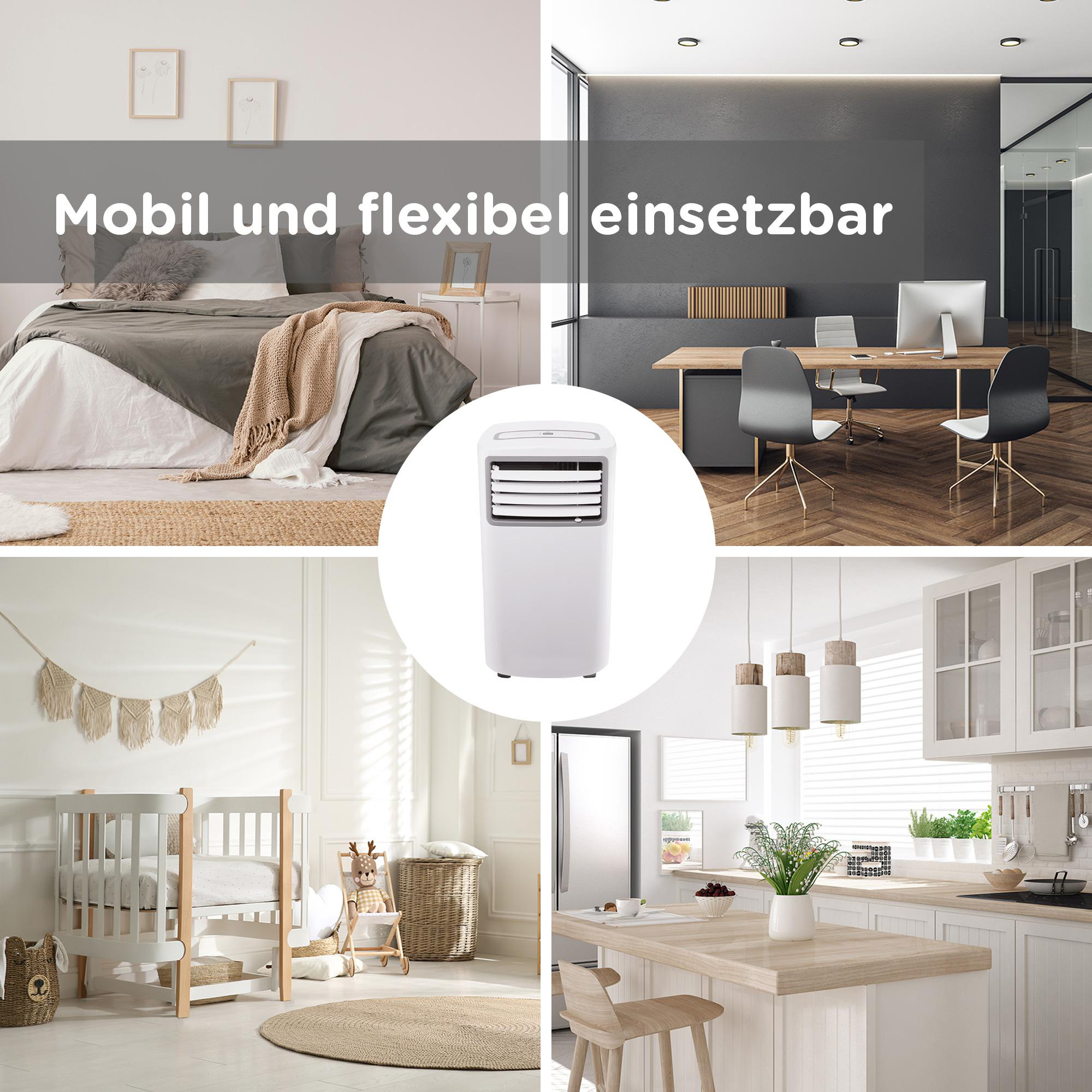 Collage von Räumen mit Klimaanlage in der Mitte. Text: Mobil und flexibel einsetzbar.