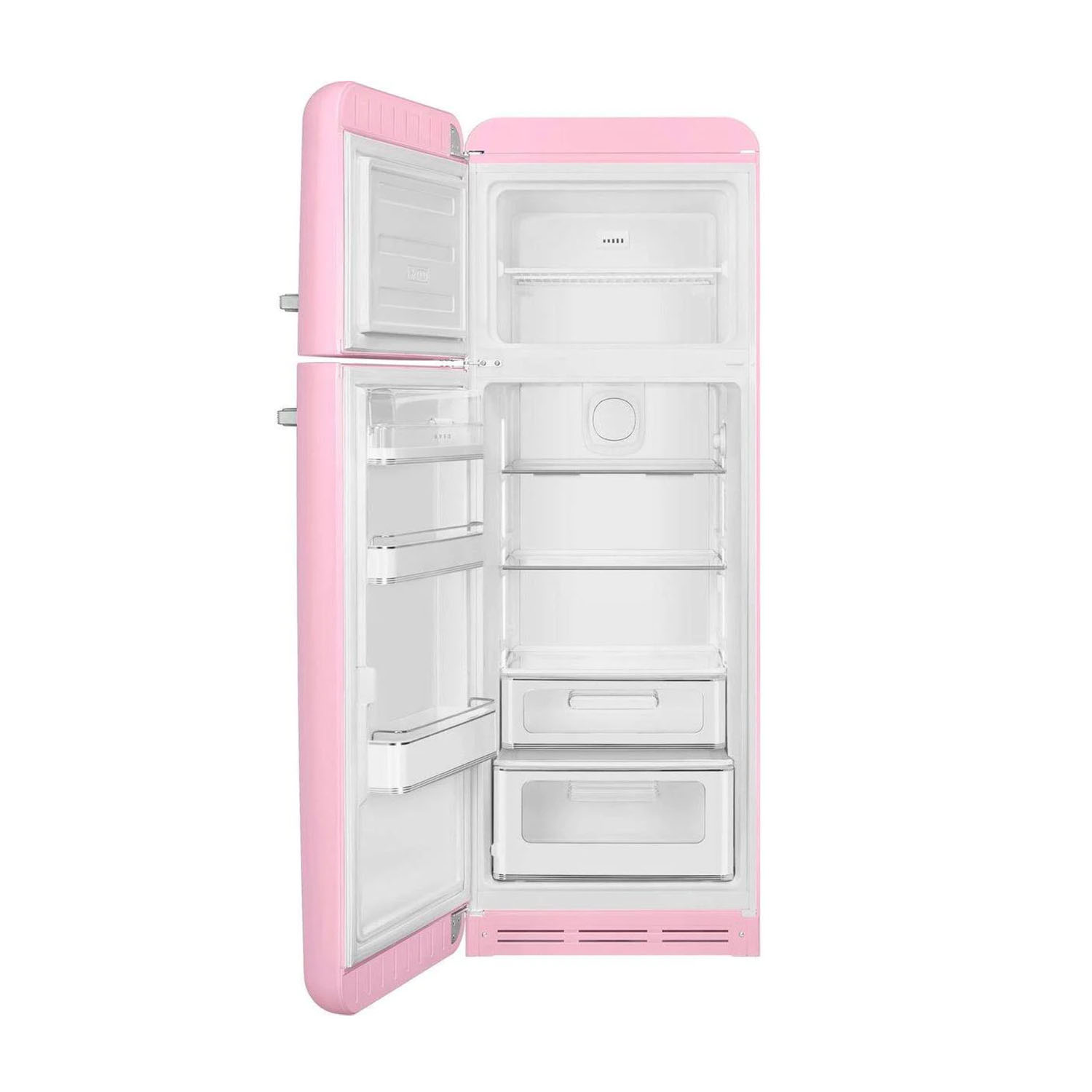 Frigorifero Smeg rosa, aperto, che mostra ripiani e contenuto.