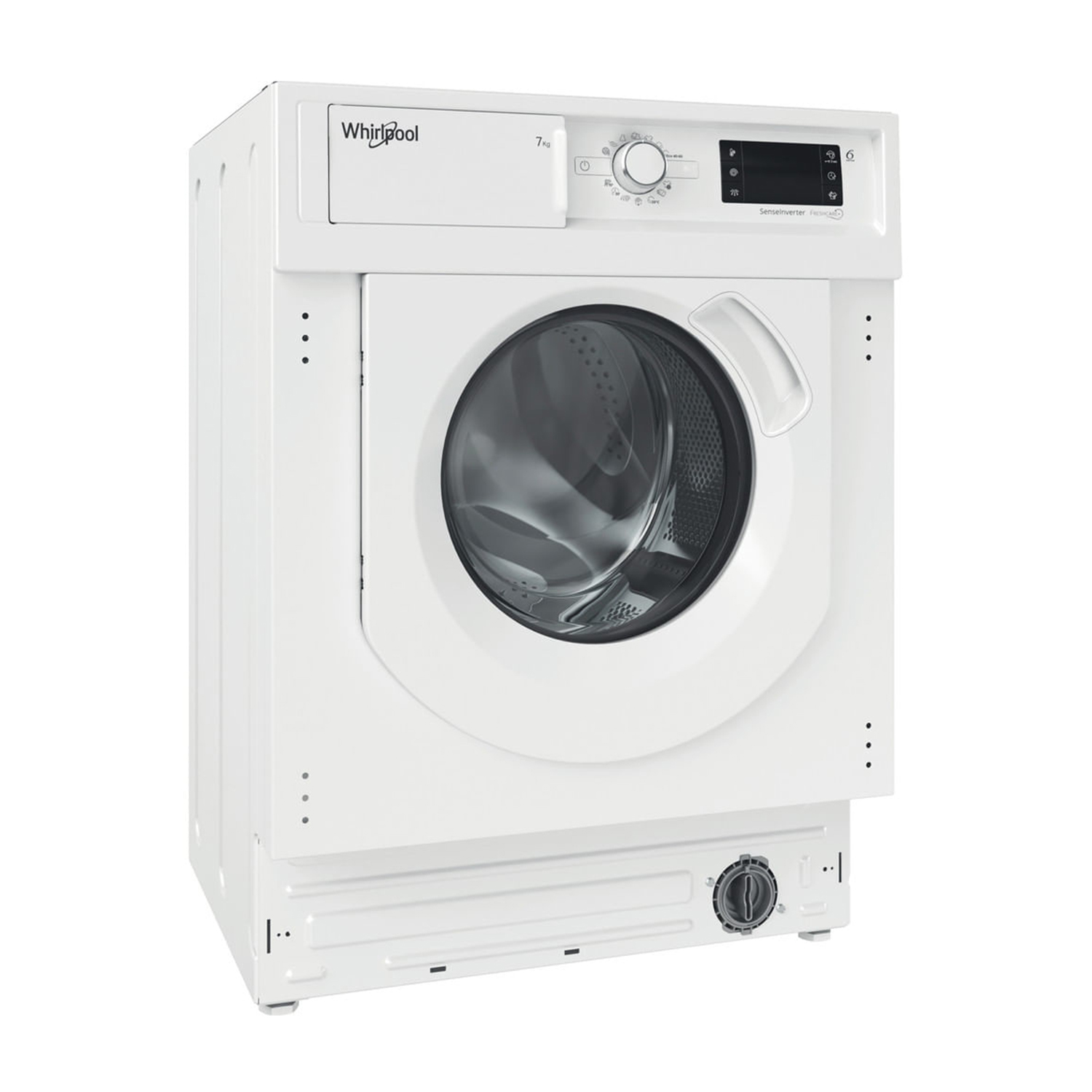Una lavatrice Whirlpool bianca con porta rotonda e pannello comandi.