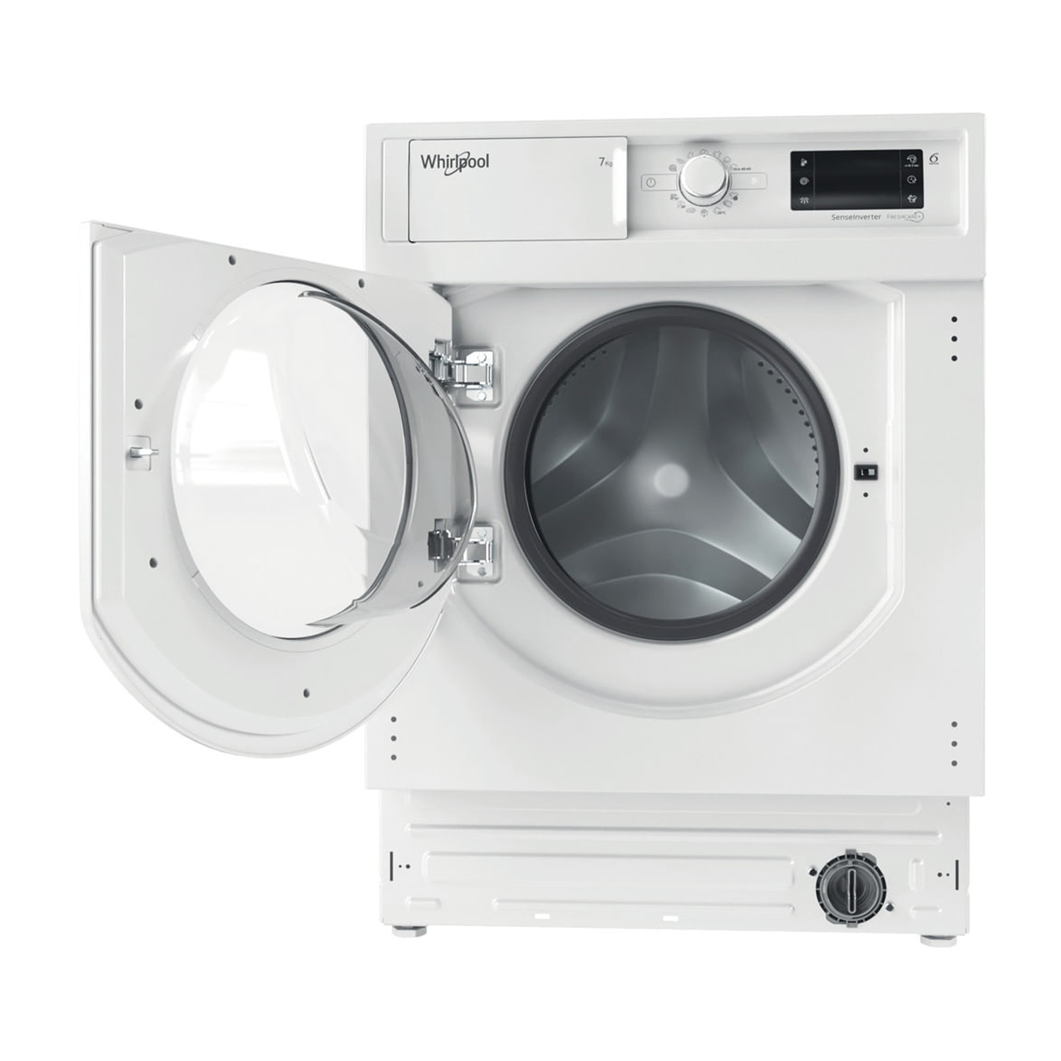 Lavatrice Whirlpool bianca con porta aperta.