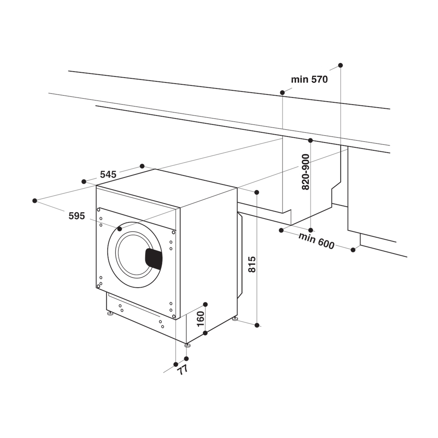 Diagramma di una lavatrice, comprese dimensioni e misure.